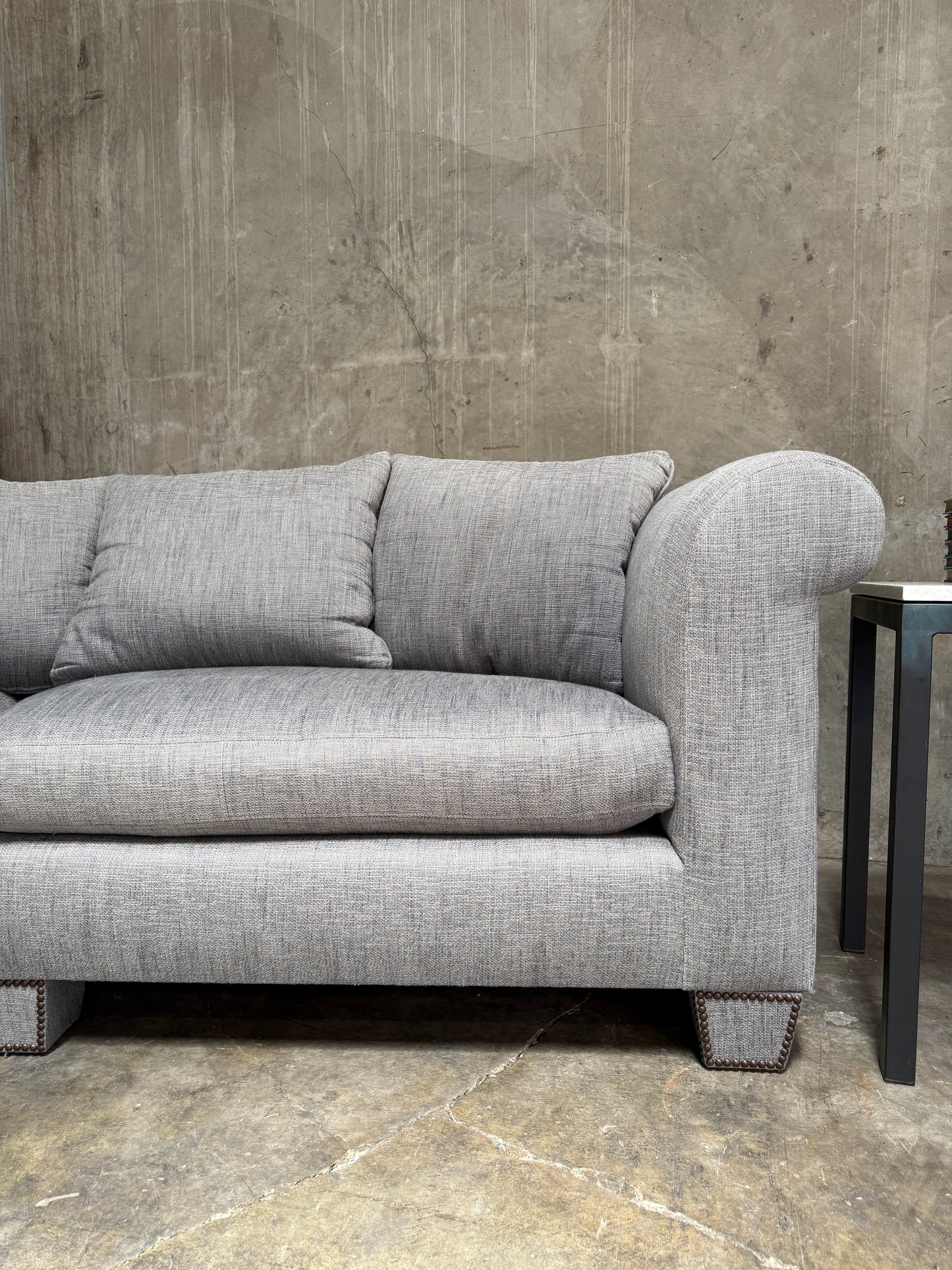 Huge Custom Gray Slate Upholstered Wedge Sectional – Down Filling & Nailhead Trim