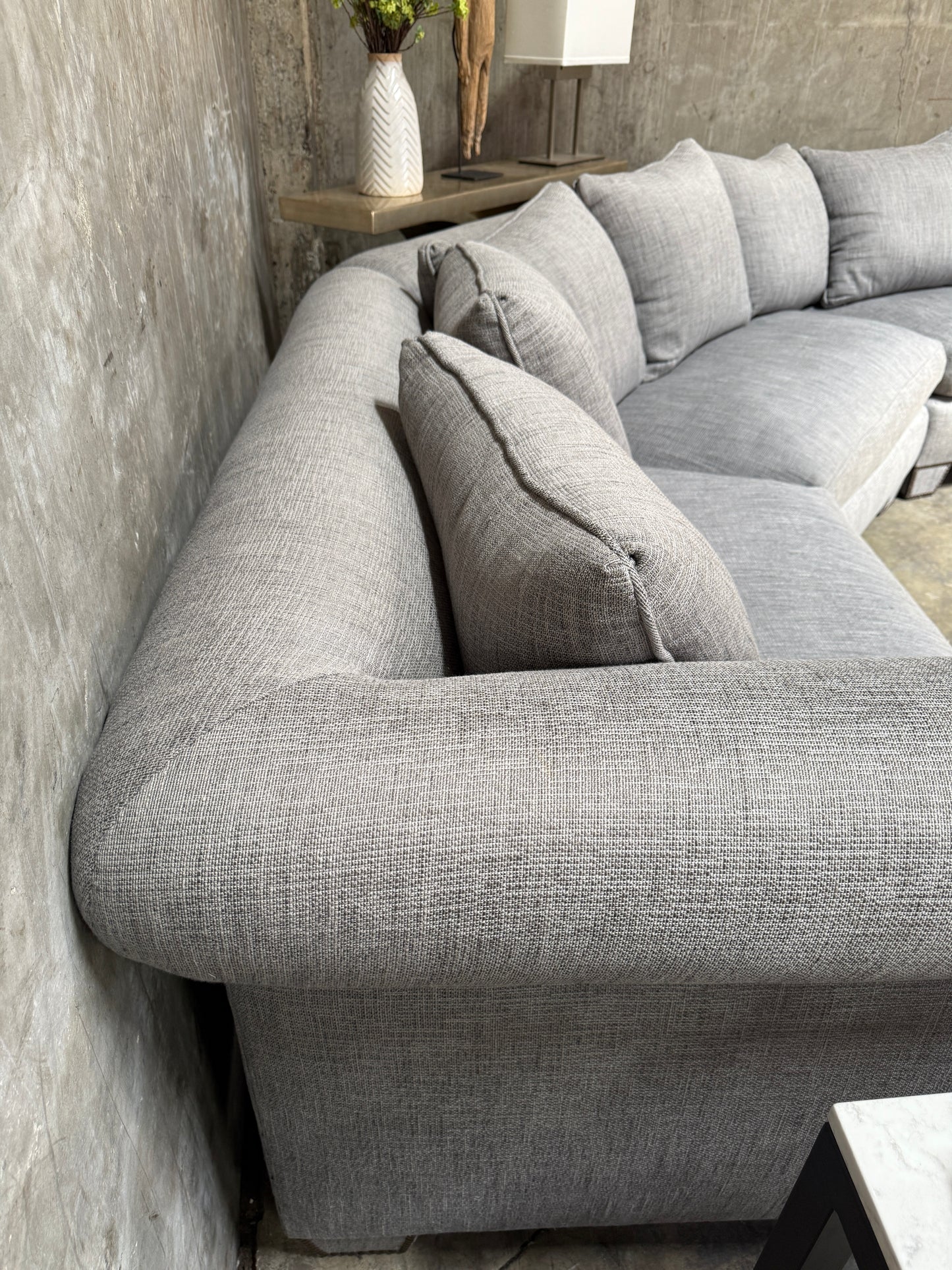 Huge Custom Gray Slate Upholstered Wedge Sectional – Down Filling & Nailhead Trim