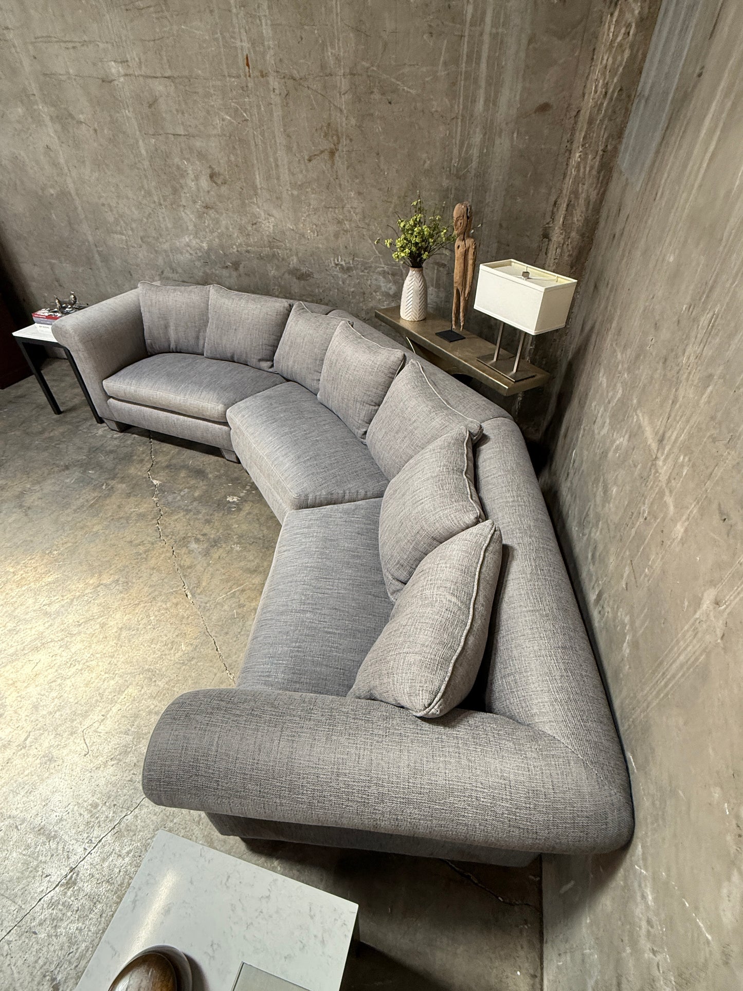 Huge Custom Gray Slate Upholstered Wedge Sectional – Down Filling & Nailhead Trim