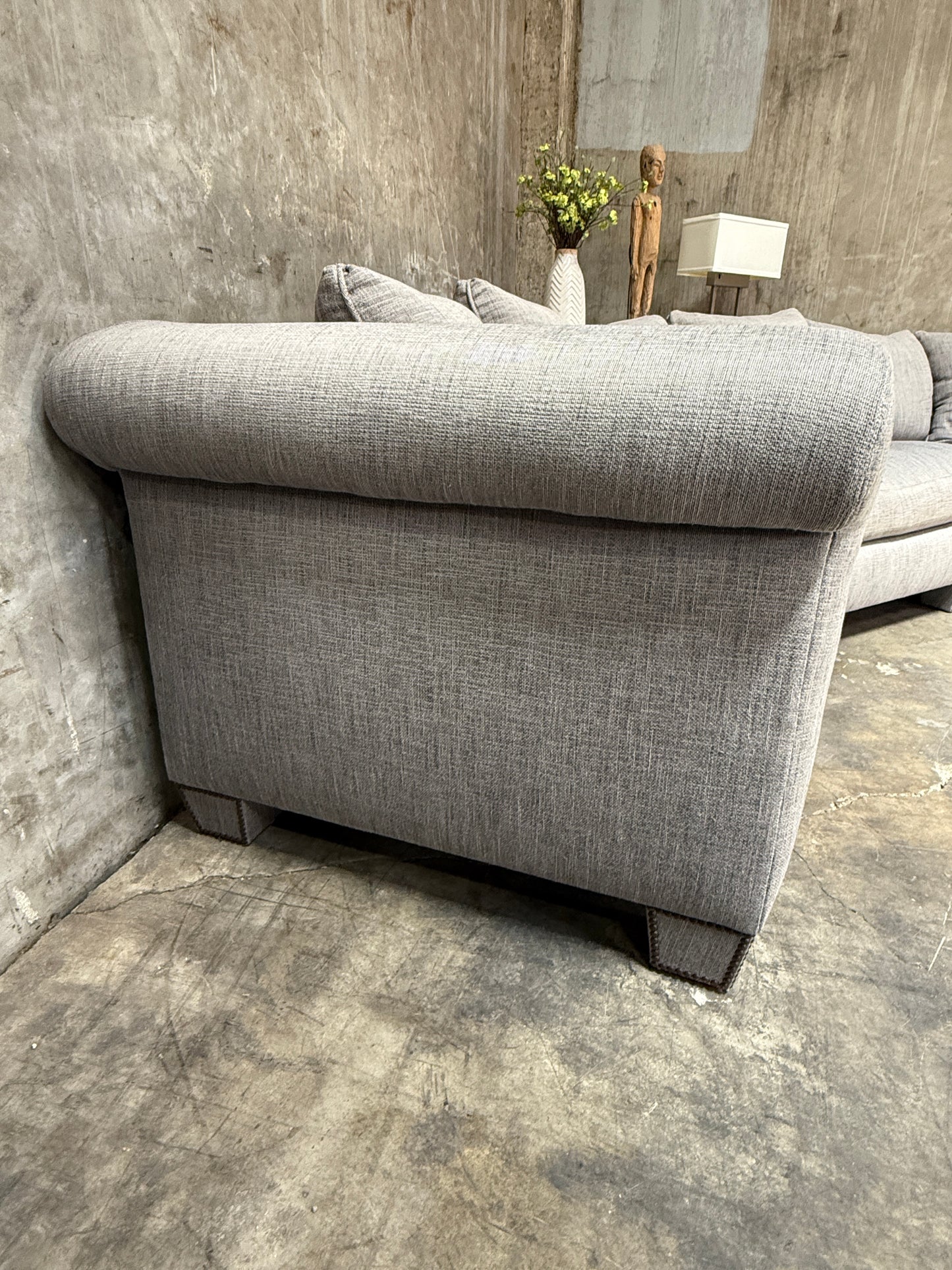 Huge Custom Gray Slate Upholstered Wedge Sectional – Down Filling & Nailhead Trim