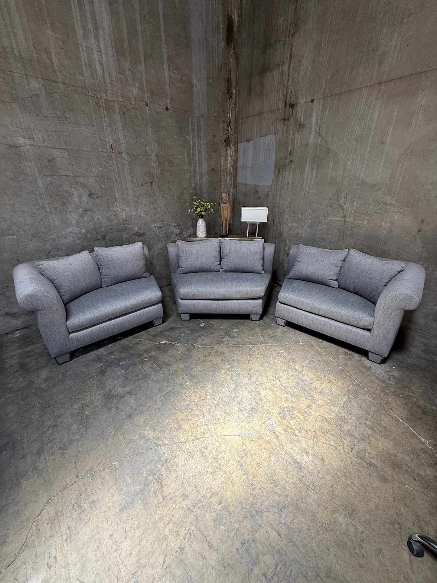 Huge Custom Gray Slate Upholstered Wedge Sectional – Down Filling & Nailhead Trim