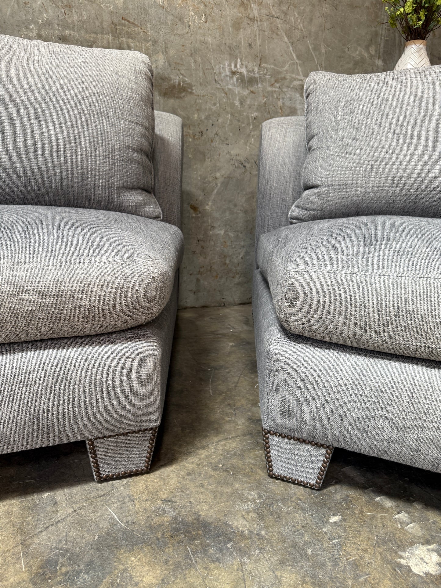 Huge Custom Gray Slate Upholstered Wedge Sectional – Down Filling & Nailhead Trim