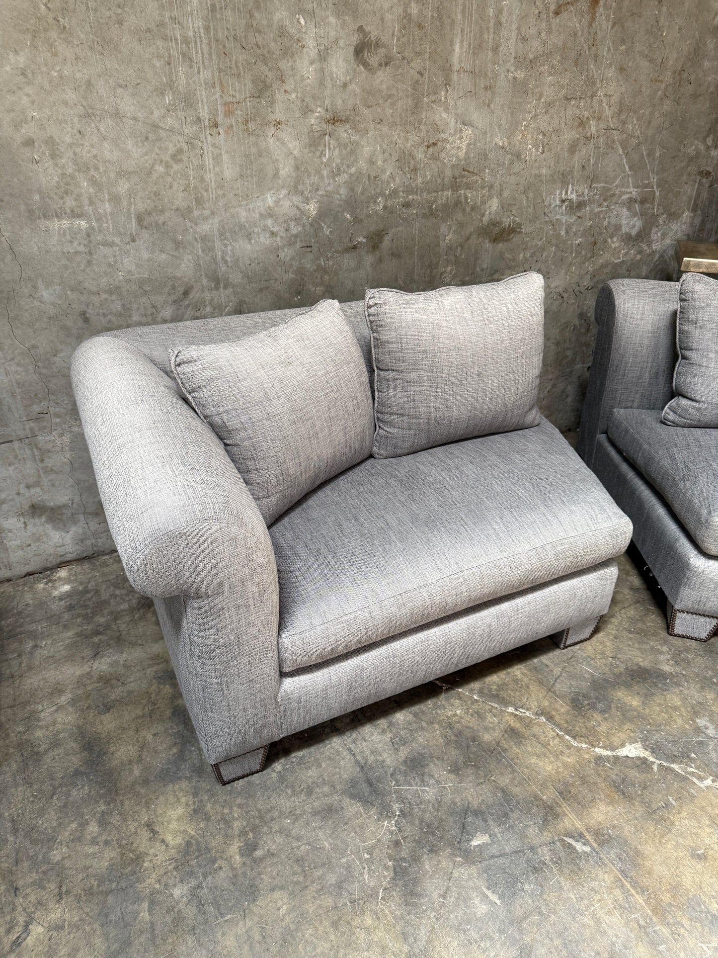 Huge Custom Gray Slate Upholstered Wedge Sectional – Down Filling & Nailhead Trim