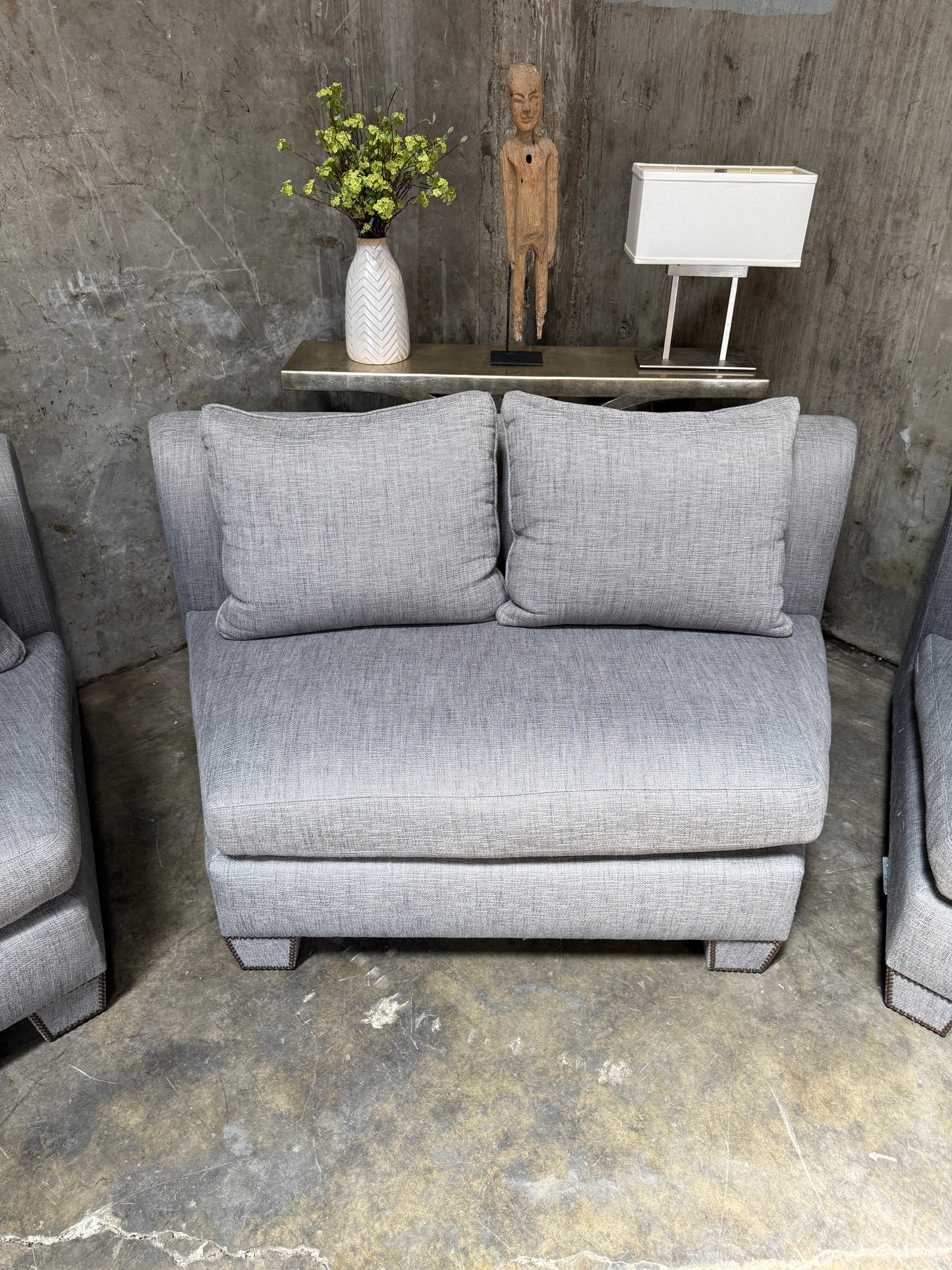 Huge Custom Gray Slate Upholstered Wedge Sectional – Down Filling & Nailhead Trim