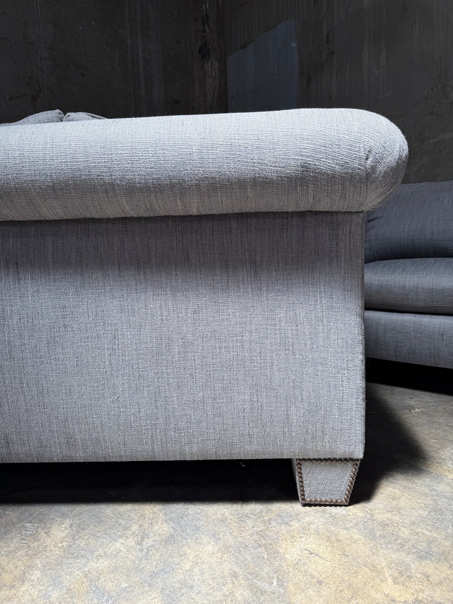 Huge Custom Gray Slate Upholstered Wedge Sectional – Down Filling & Nailhead Trim