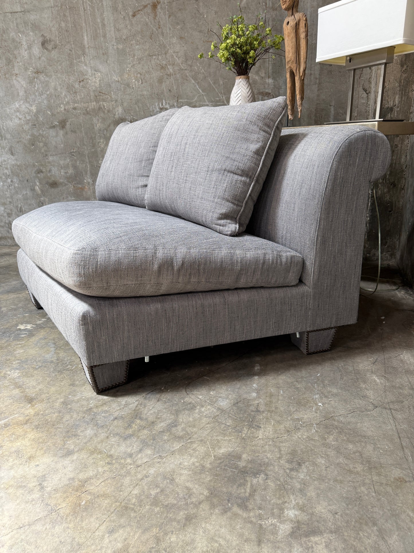 Huge Custom Gray Slate Upholstered Wedge Sectional – Down Filling & Nailhead Trim