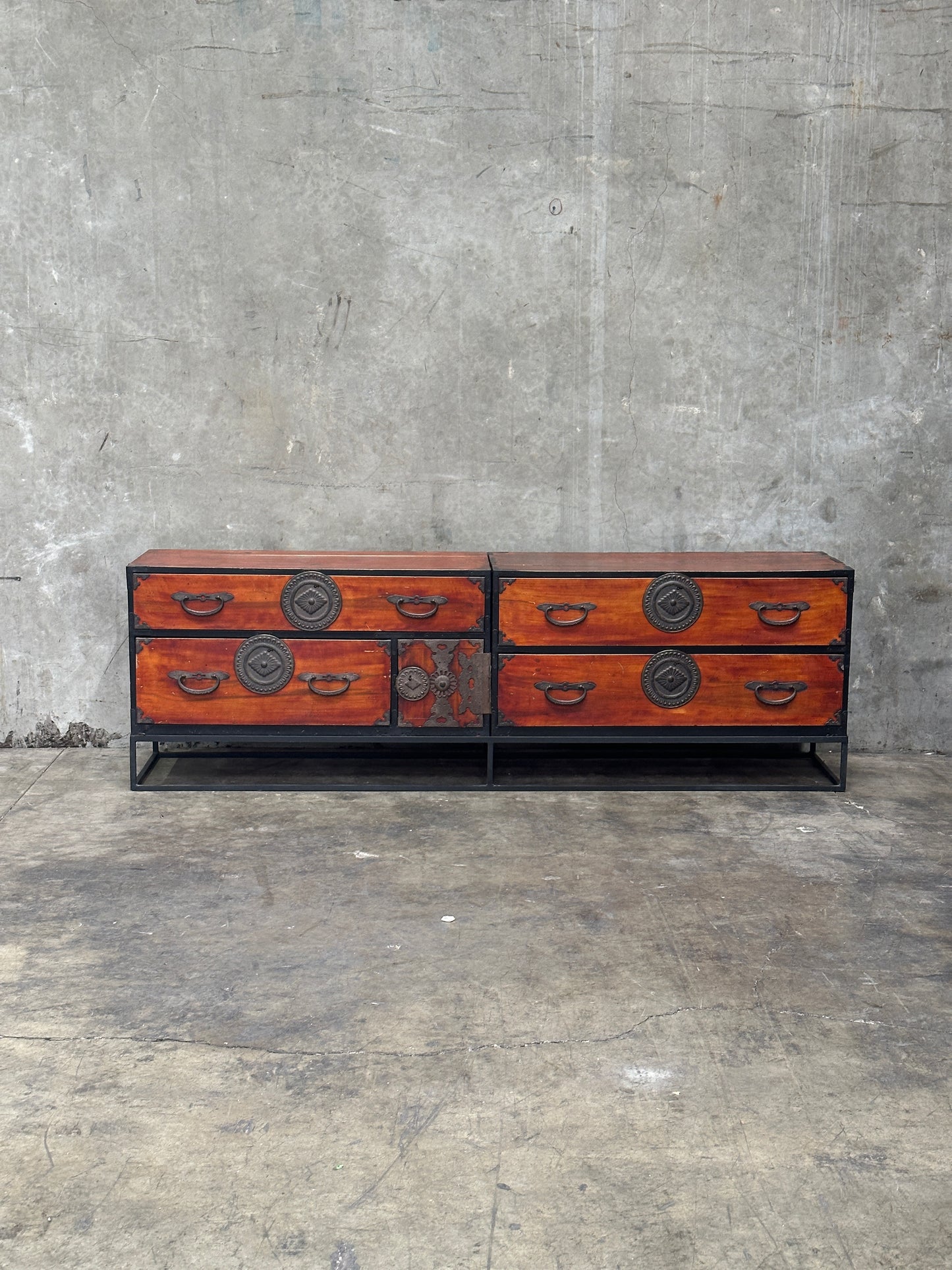 Pair Antique Japanese Tansu on Custom Steel Base, 84 Inch Sideboard / Console