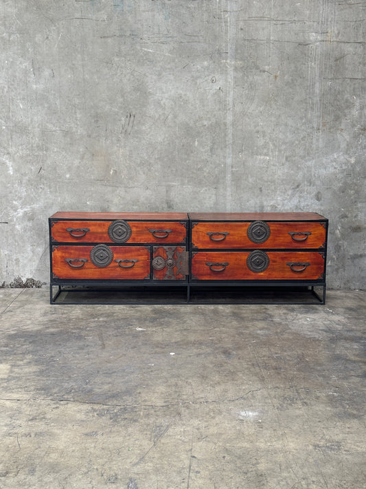 Pair Antique Japanese Tansu on Custom Steel Base, 84 Inch Sideboard / Console