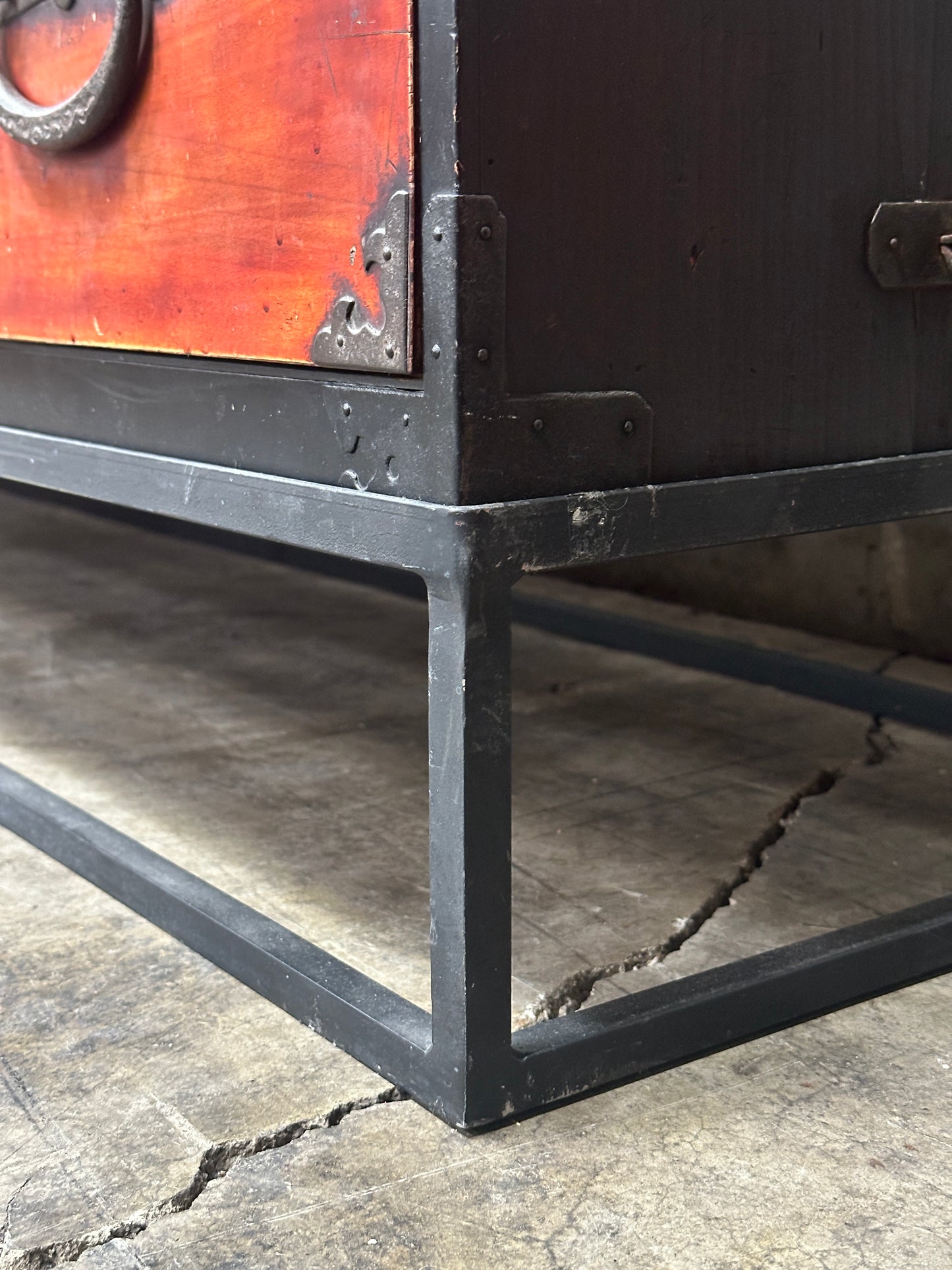 Pair Antique Japanese Tansu on Custom Steel Base, 84 Inch Sideboard / Console