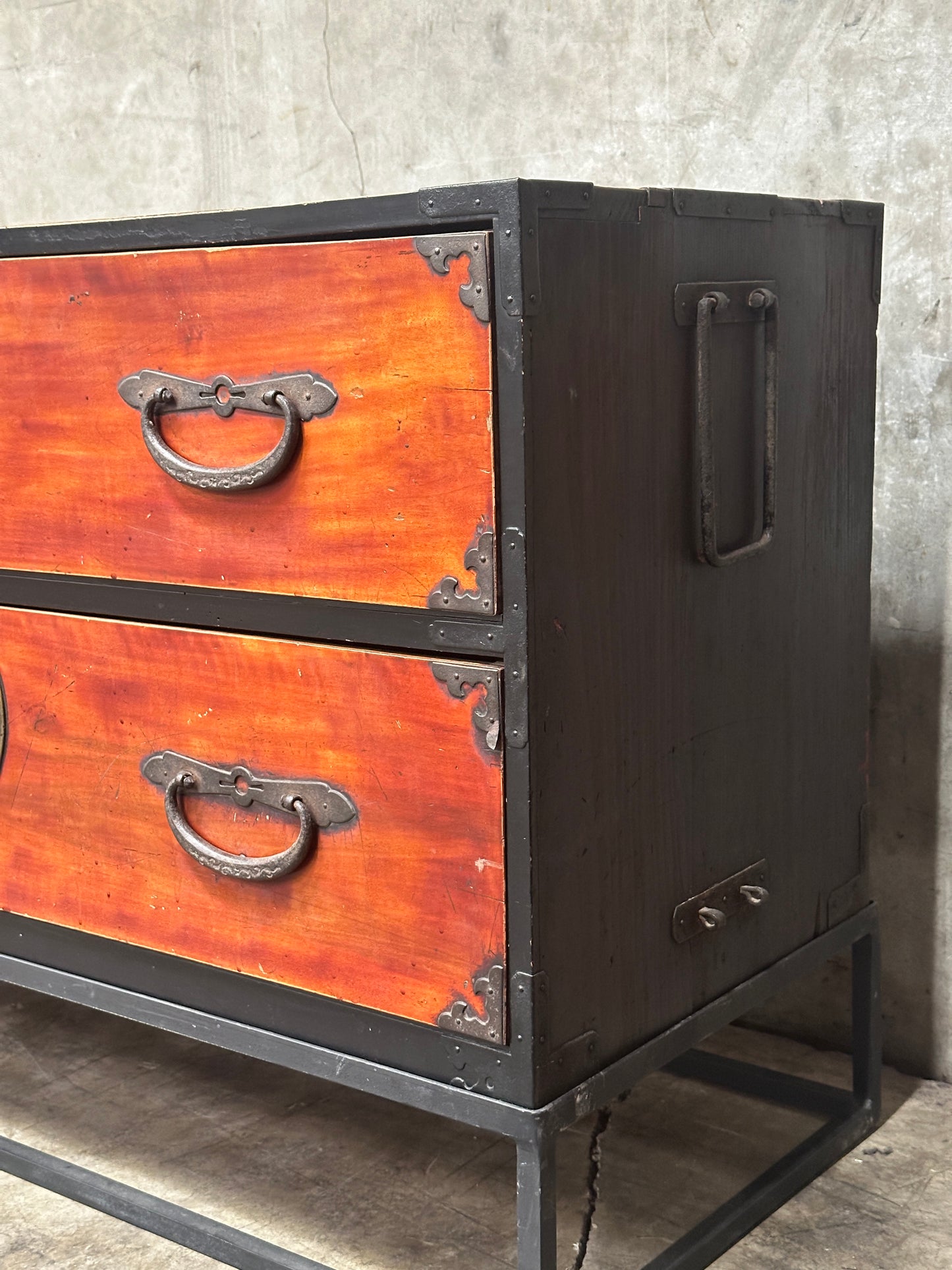 Pair Antique Japanese Tansu on Custom Steel Base, 84 Inch Sideboard / Console