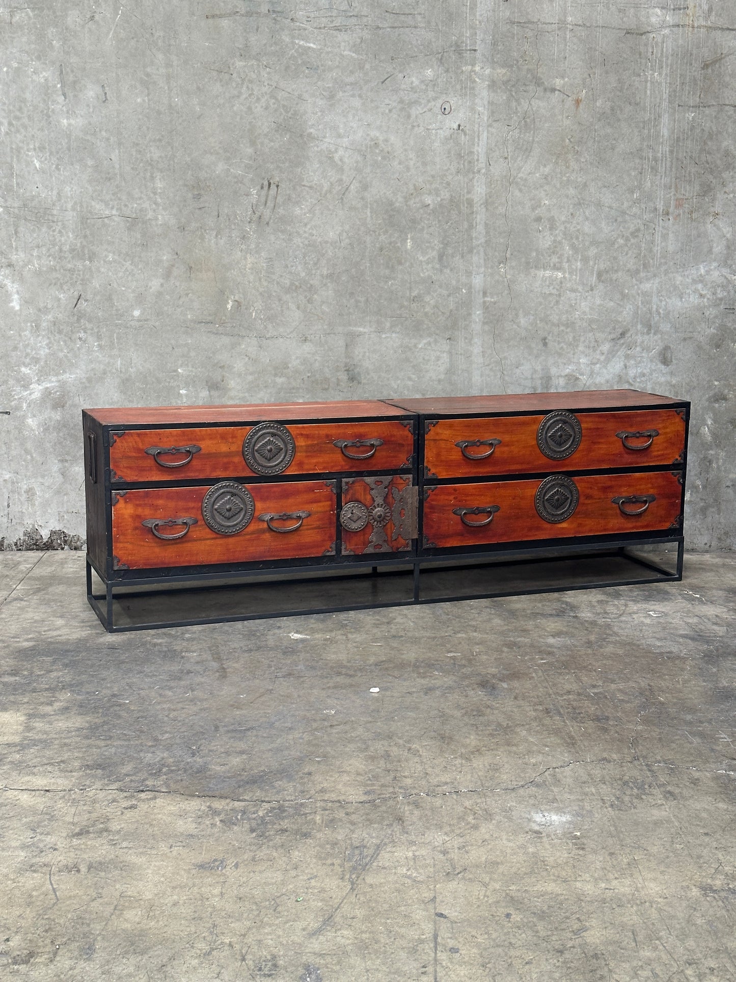 Pair Antique Japanese Tansu on Custom Steel Base, 84 Inch Sideboard / Console
