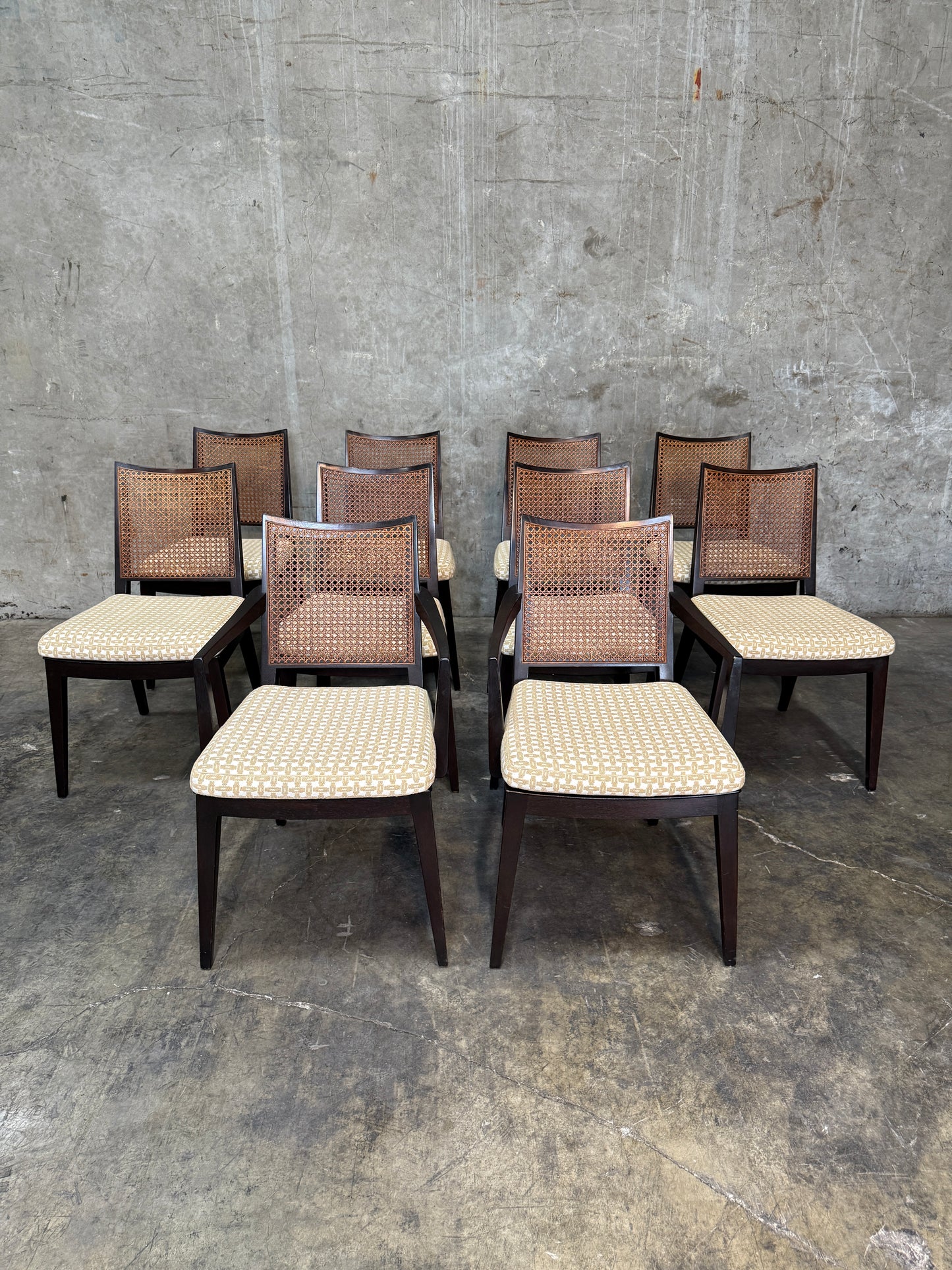 Set of 10 Edward Wormley Walnut and Caned Dining Chairs for Dunbar