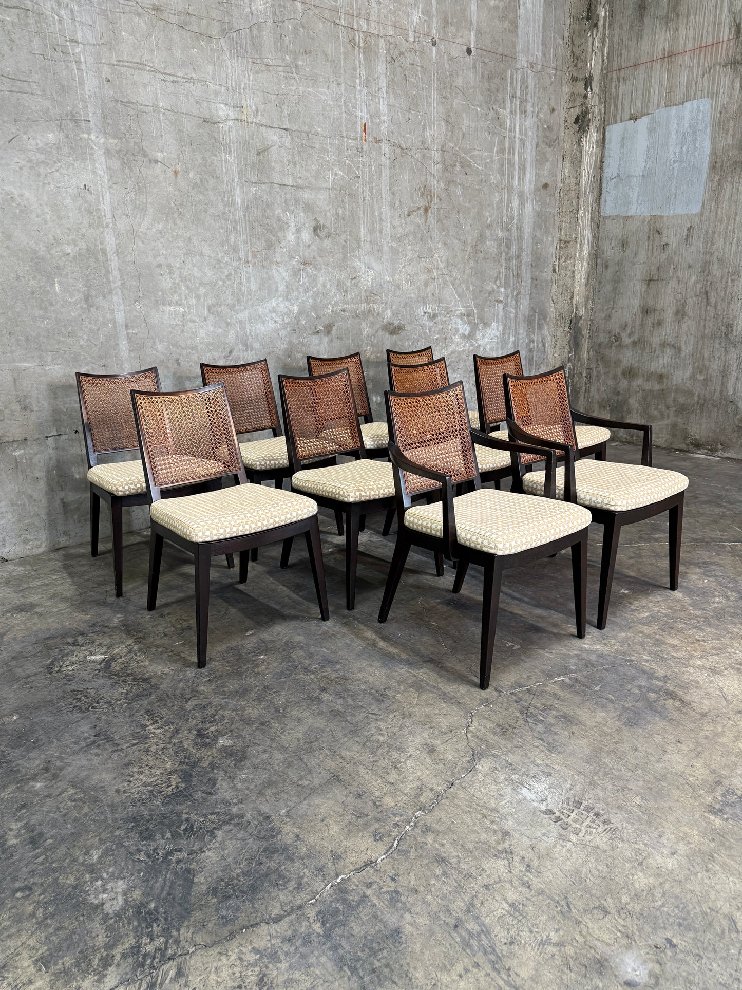 Set of 10 Edward Wormley Walnut and Caned Dining Chairs for Dunbar