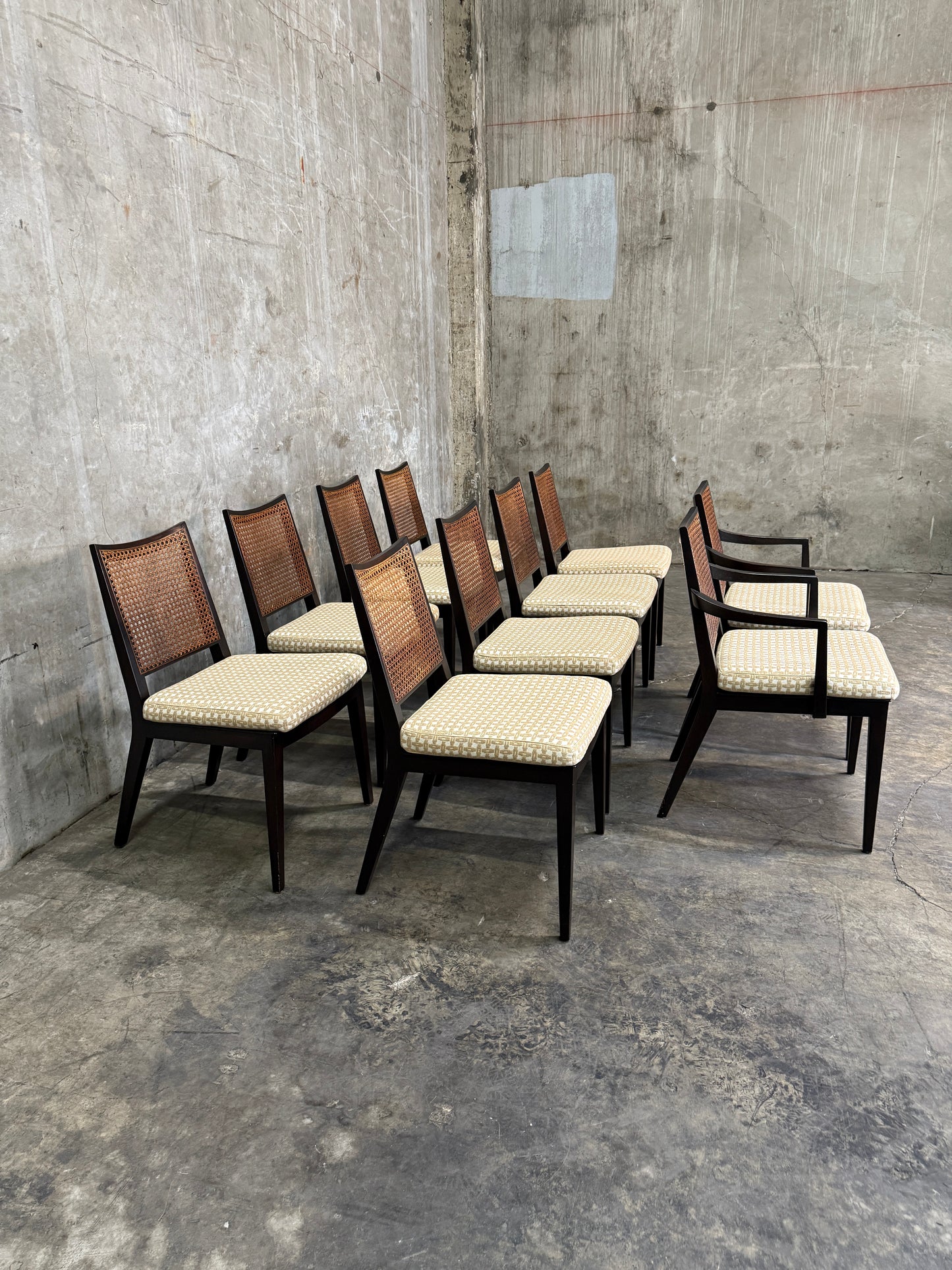 Set of 10 Edward Wormley Walnut and Caned Dining Chairs for Dunbar