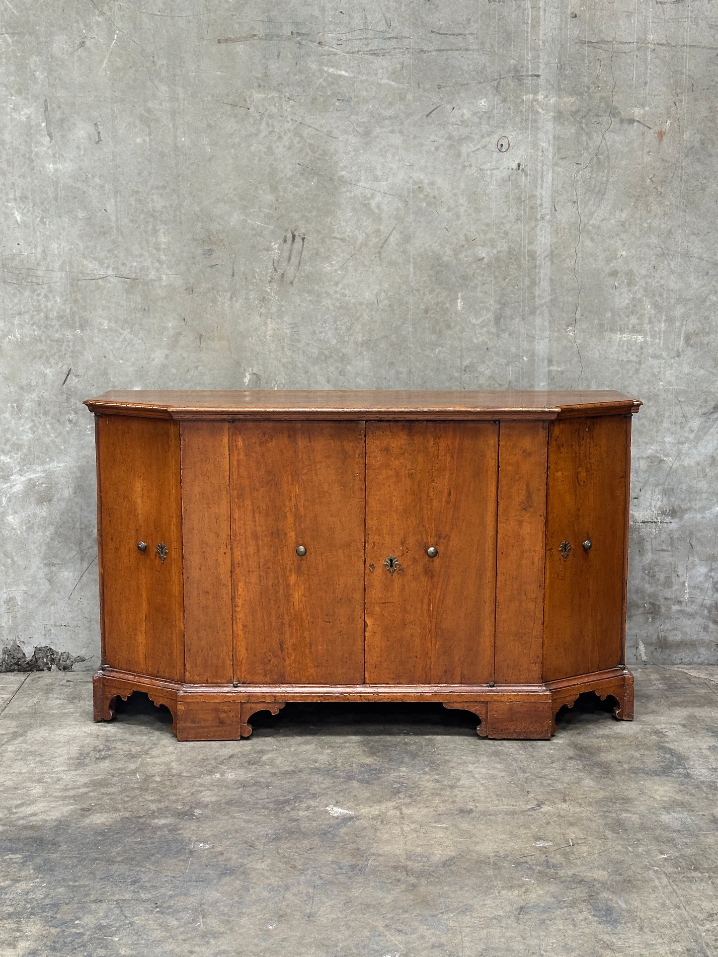 Italian Period Fruitwood Credenza, Mid 18th Century, Four-Door, Bracket Feet