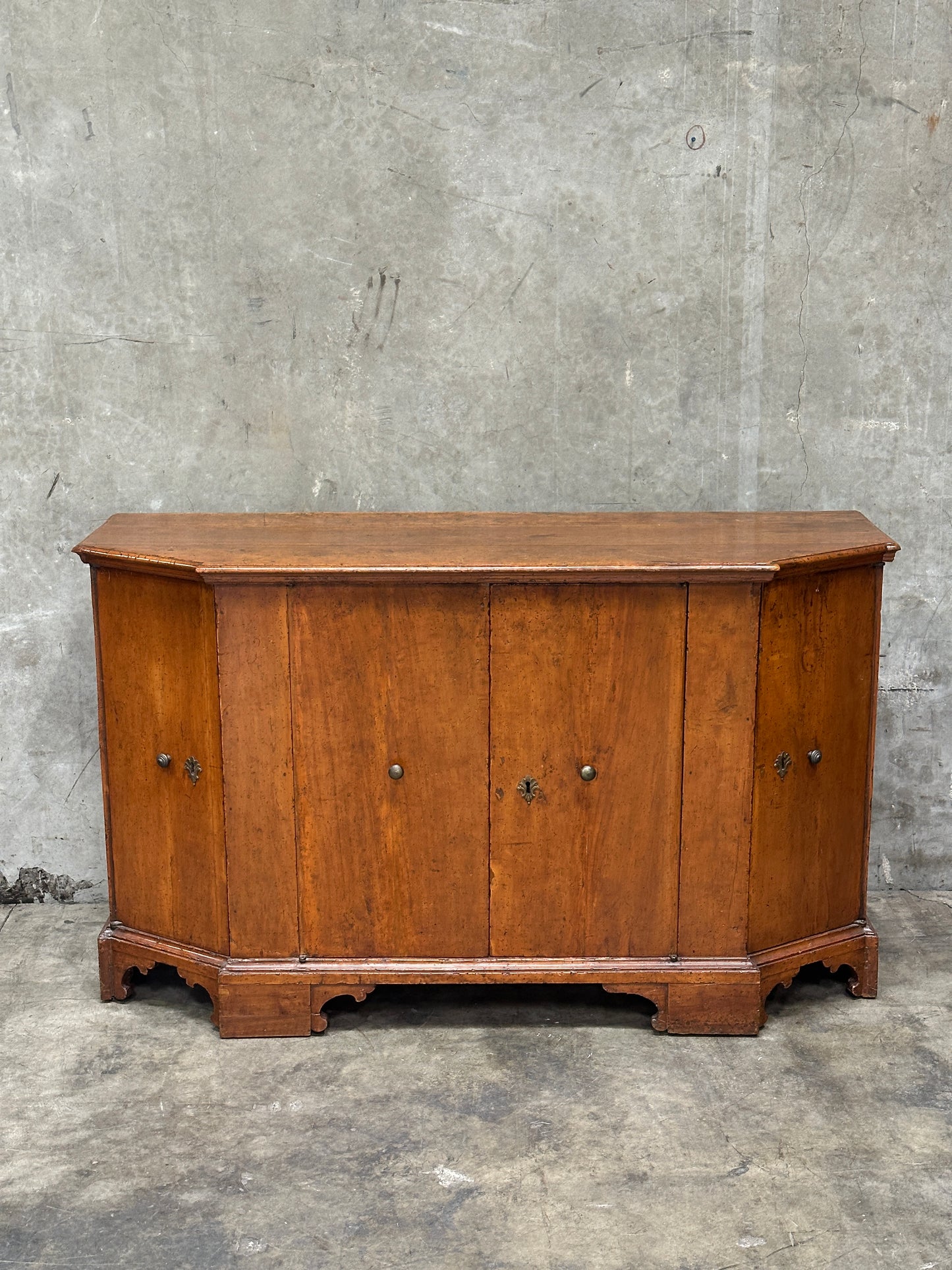 Italian Period Fruitwood Credenza, Mid 18th Century, Four-Door, Bracket Feet