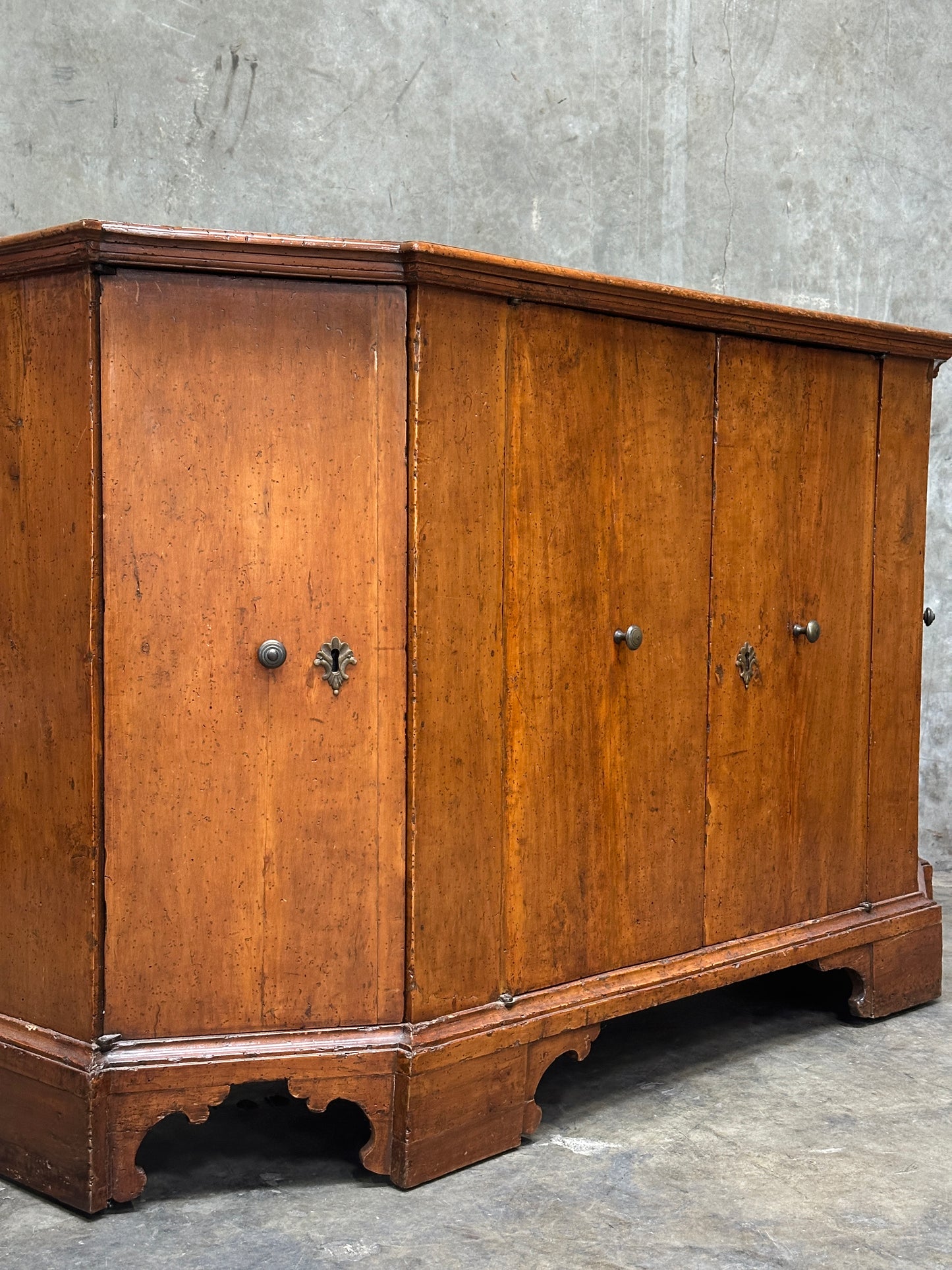 Italian Period Fruitwood Credenza, Mid 18th Century, Four-Door, Bracket Feet