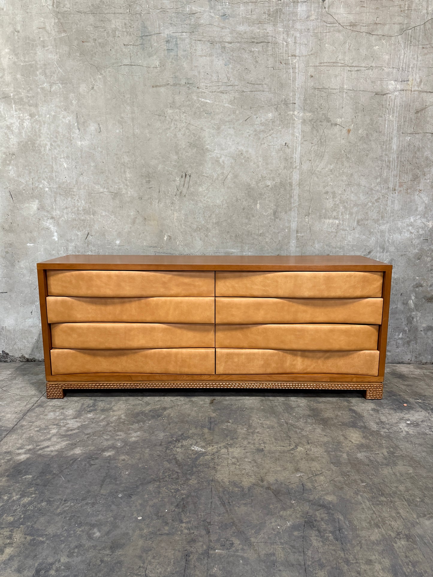 Edmund Spence-Style Wave Front Dresser – Leather Upholstered 8-Drawer Modernist Hardwood Credenza, 84"