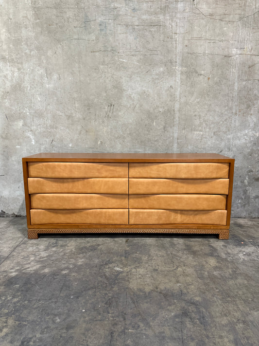 Edmund Spence-Style Wave Front Dresser – Leather Upholstered 8-Drawer Modernist Hardwood Credenza, 84"