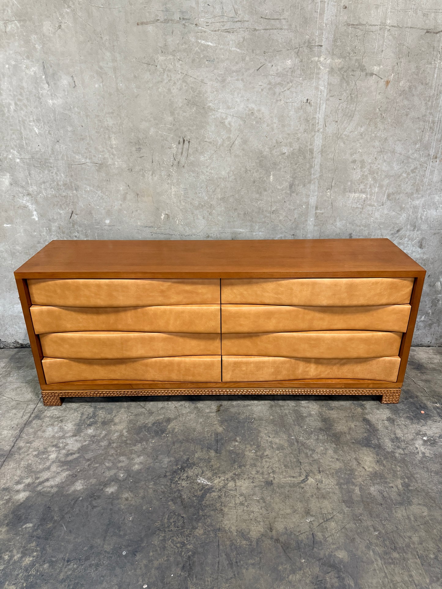 Edmund Spence-Style Wave Front Dresser – Leather Upholstered 8-Drawer Modernist Hardwood Credenza, 84"