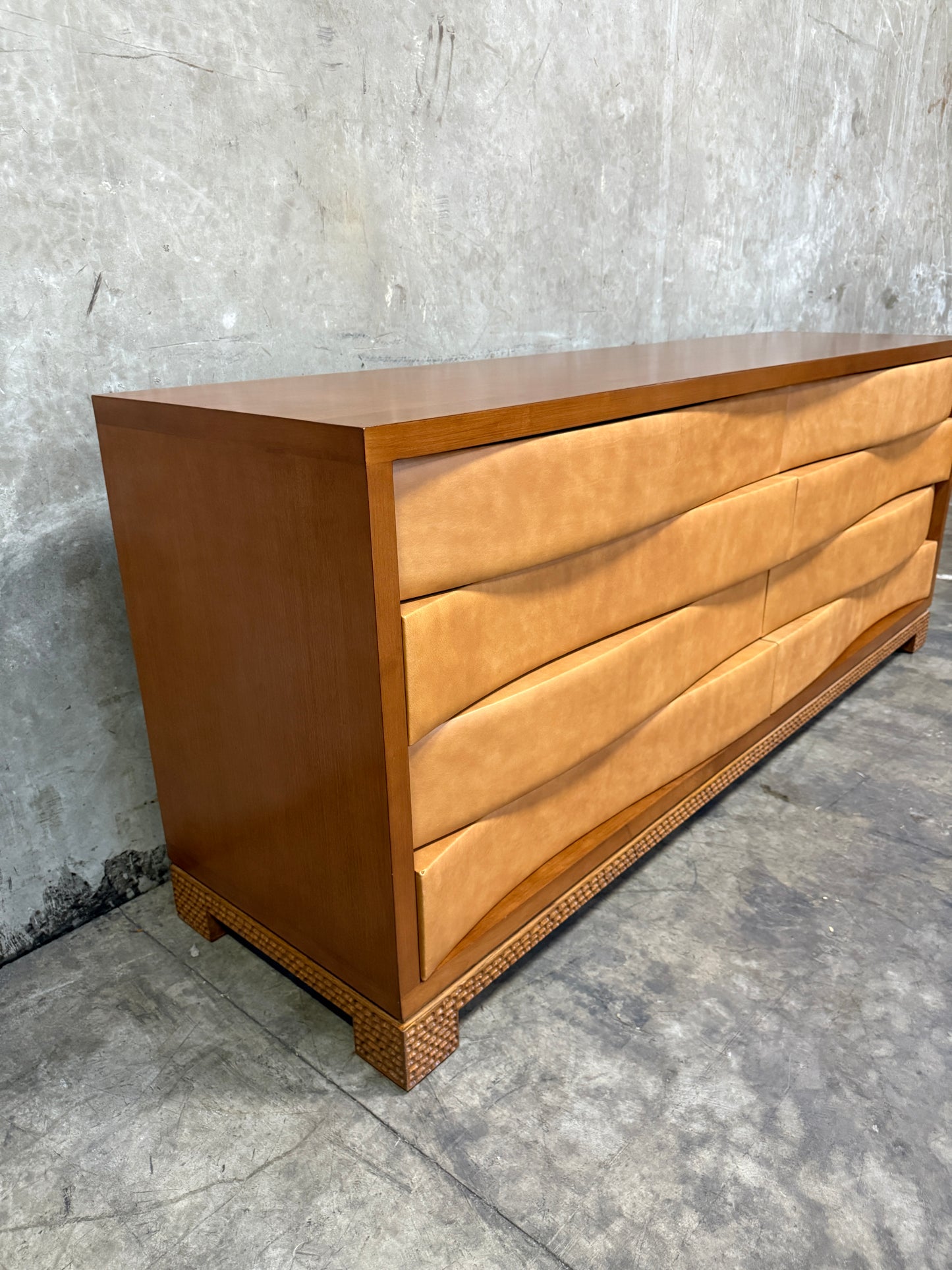 Edmund Spence-Style Wave Front Dresser – Leather Upholstered 8-Drawer Modernist Hardwood Credenza, 84"