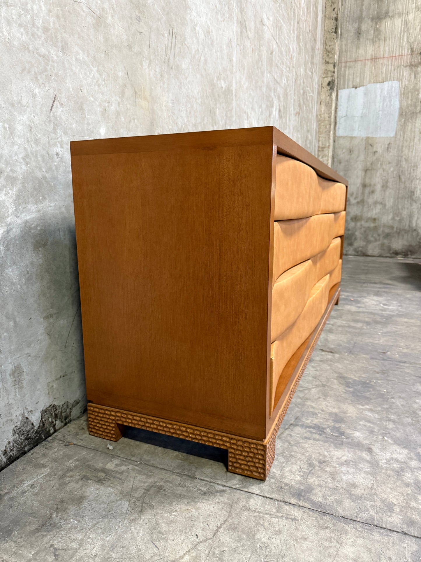 Edmund Spence-Style Wave Front Dresser – Leather Upholstered 8-Drawer Modernist Hardwood Credenza, 84"
