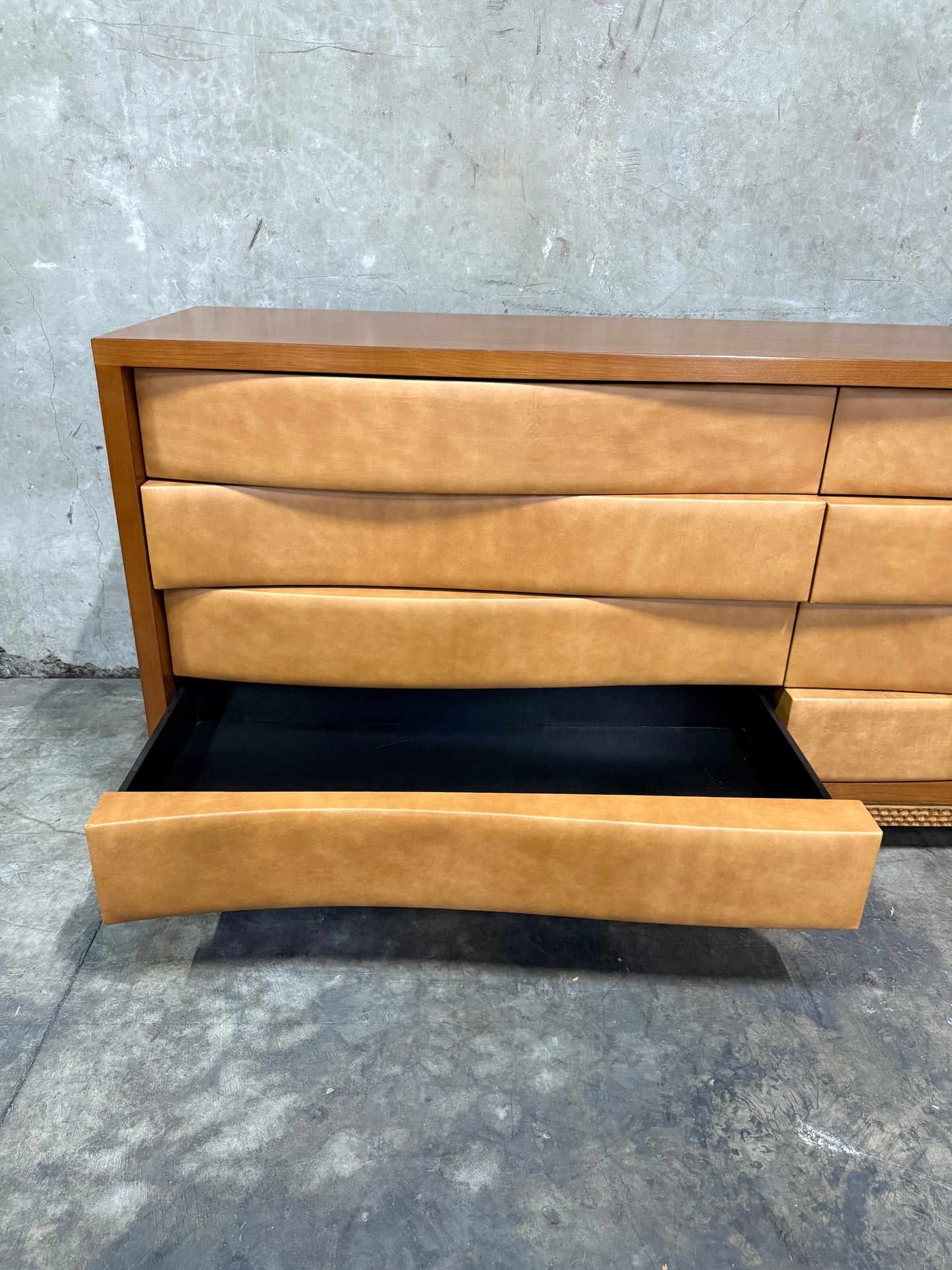 Edmund Spence-Style Wave Front Dresser – Leather Upholstered 8-Drawer Modernist Hardwood Credenza, 84"