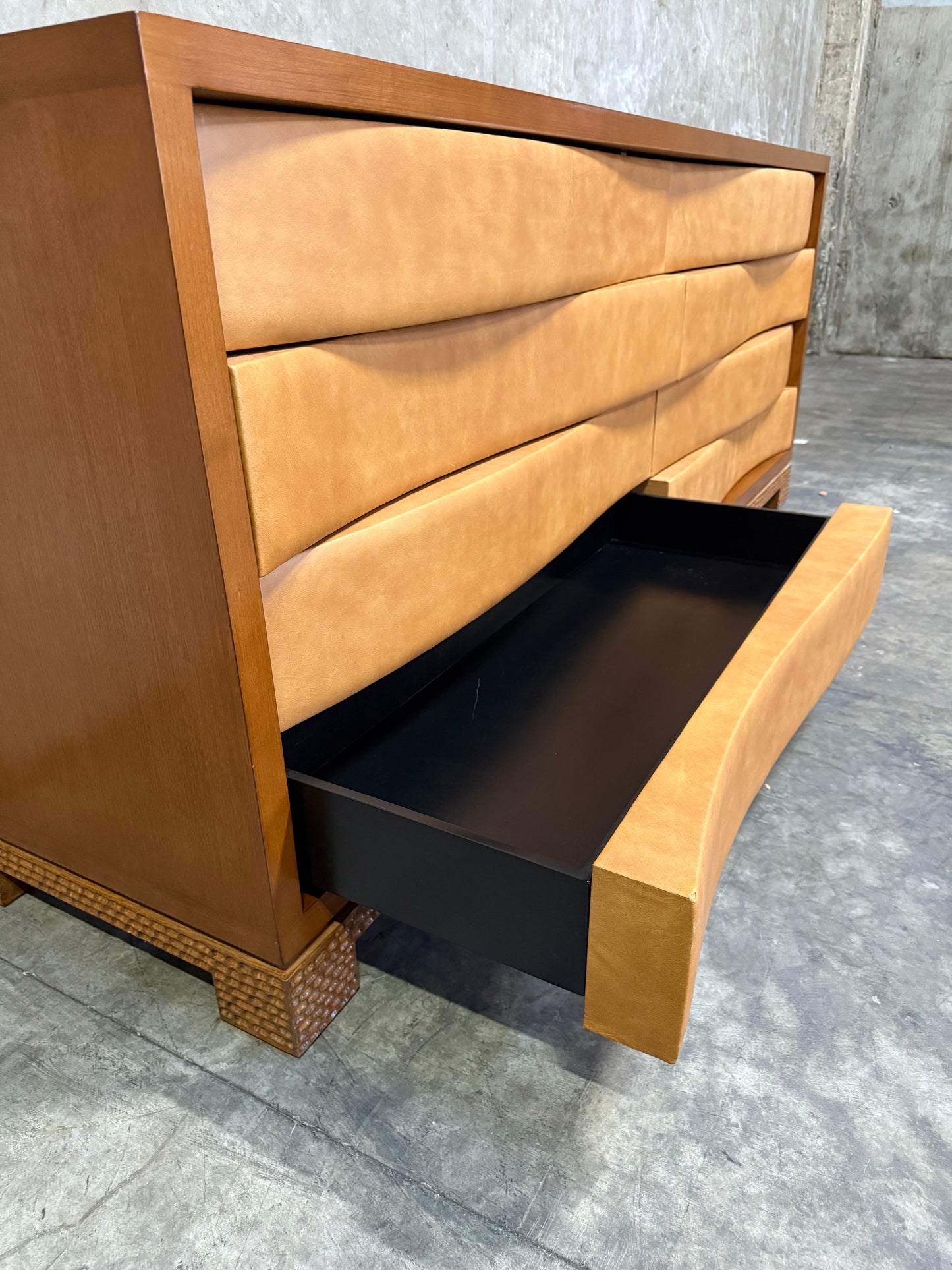 Edmund Spence-Style Wave Front Dresser – Leather Upholstered 8-Drawer Modernist Hardwood Credenza, 84"