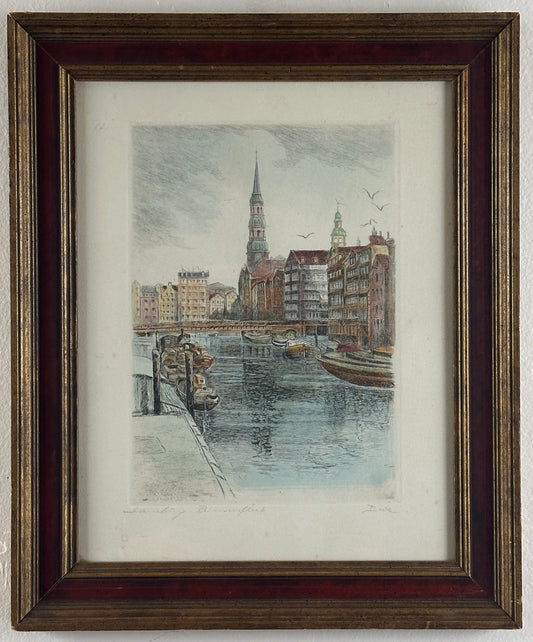 Albrecht Bruck Hand-Colored Etching, Hamburg Katharinenfleet, Signed
