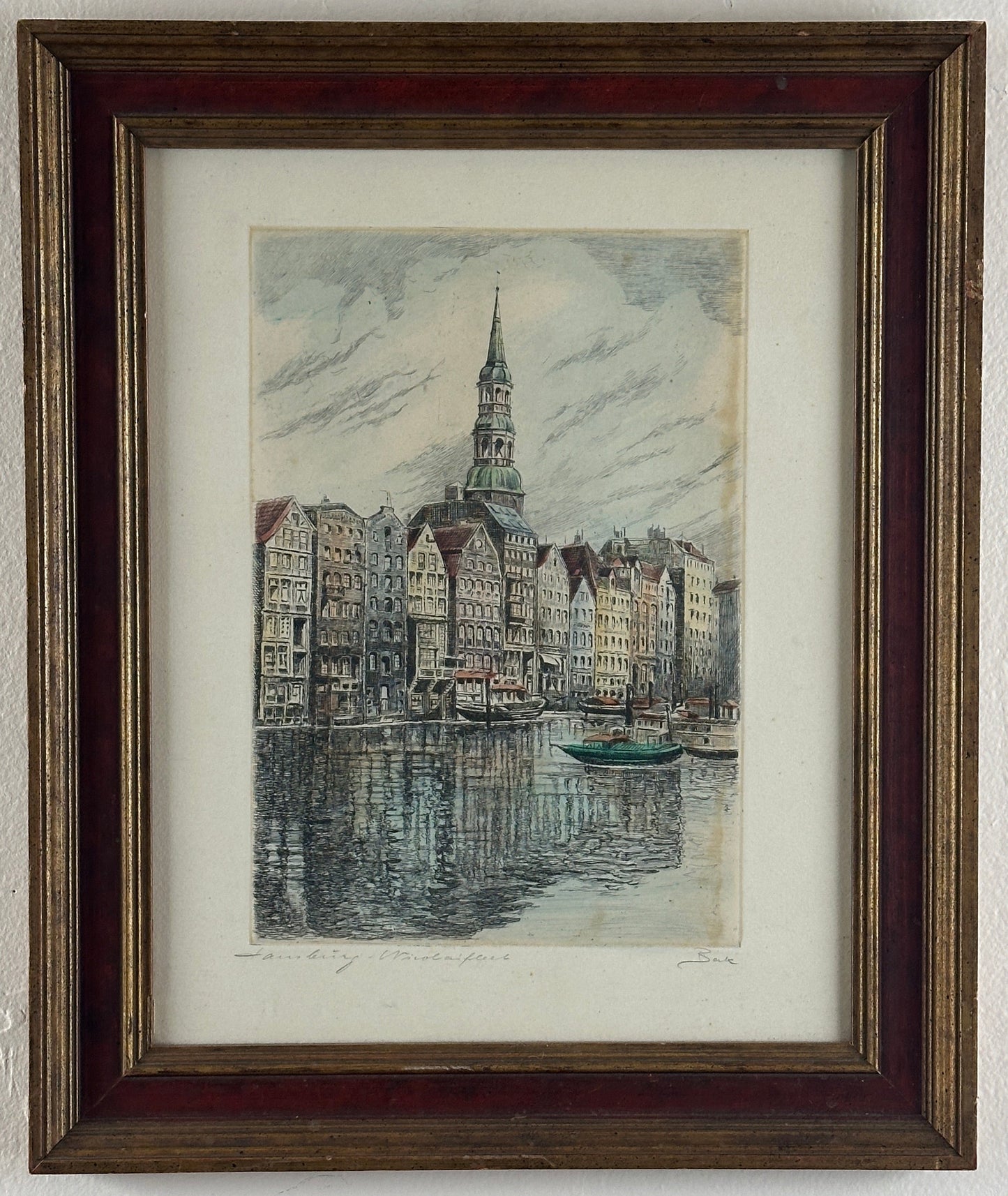 Albrecht Bruck Hand-Colored Etching, Hamburg Nikolaifleet, Signed