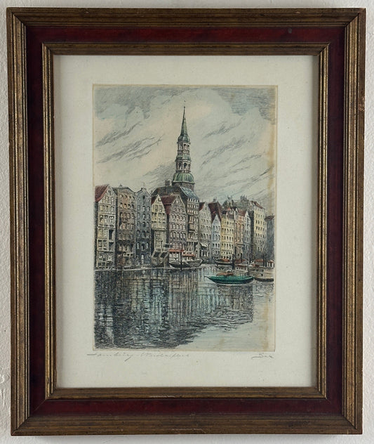Albrecht Bruck Hand-Colored Etching, Hamburg Nikolaifleet, Signed