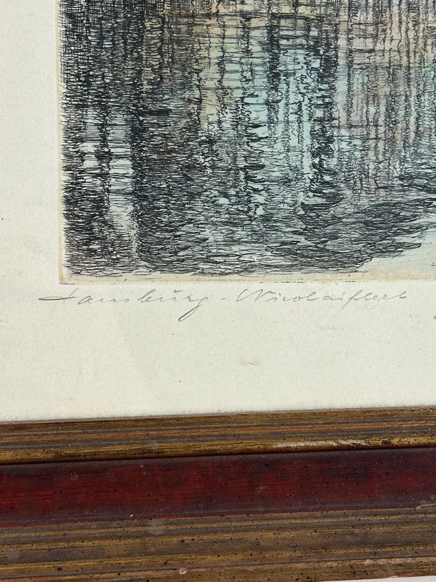 Albrecht Bruck Hand-Colored Etching, Hamburg Nikolaifleet, Signed