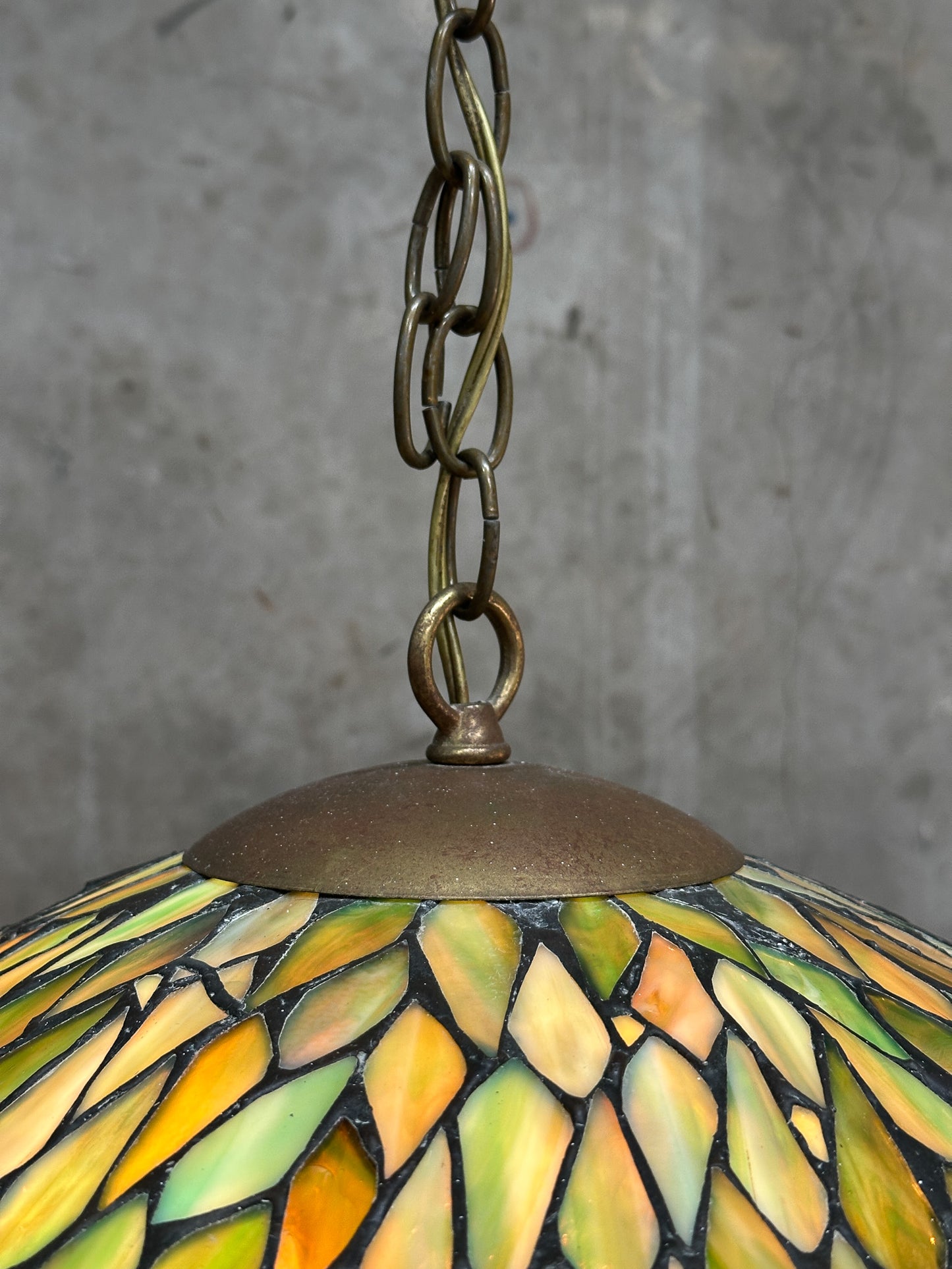 Antique Unique Art Glass & Metal Co. Leaded Glass Pendant Chandelier, Floral, 26 Inch — Doyle Attributed