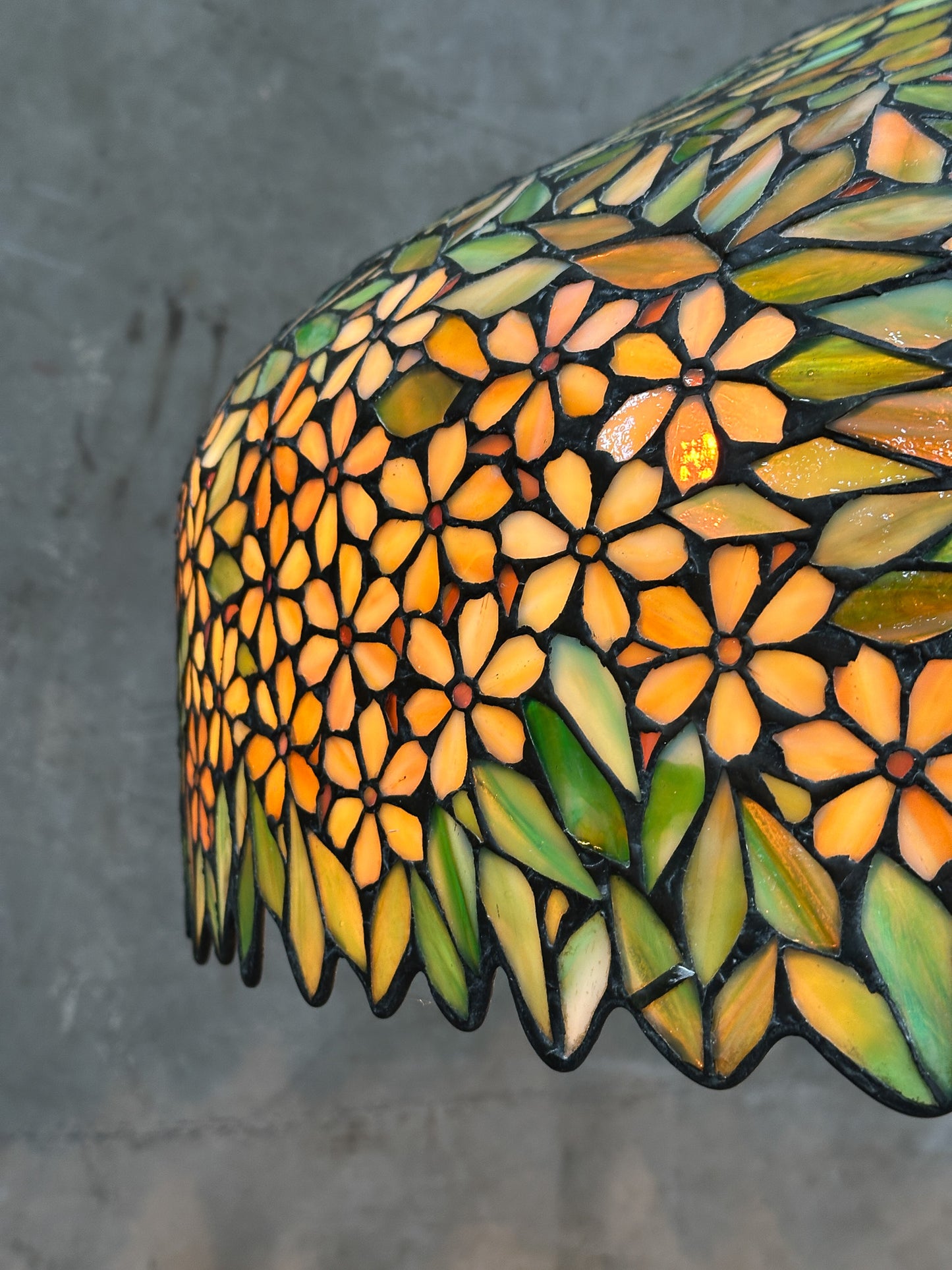 Antique Unique Art Glass & Metal Co. Leaded Glass Pendant Chandelier, Floral, 26 Inch — Doyle Attributed