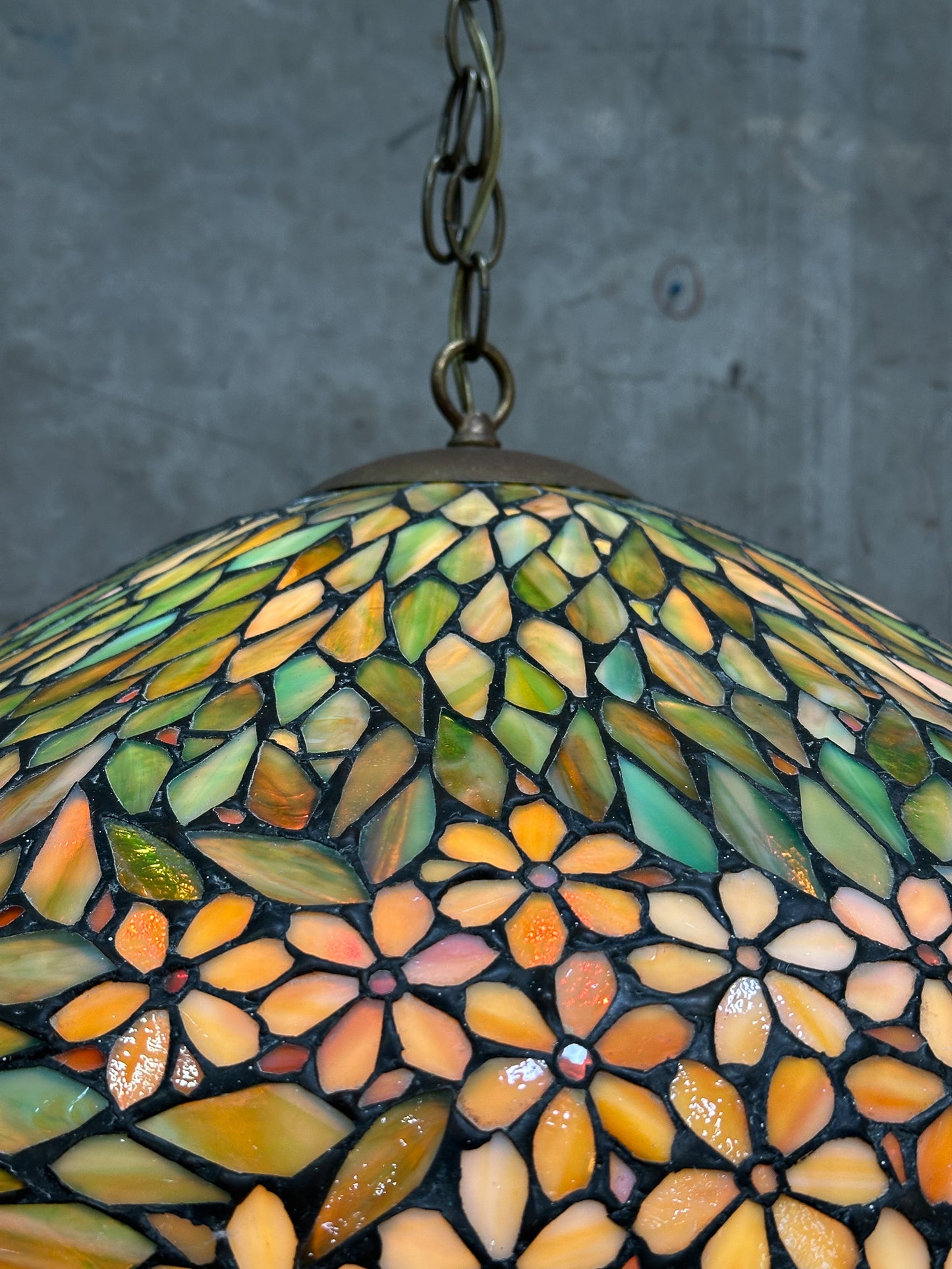 Antique Unique Art Glass & Metal Co. Leaded Glass Pendant Chandelier, Floral, 26 Inch — Doyle Attributed
