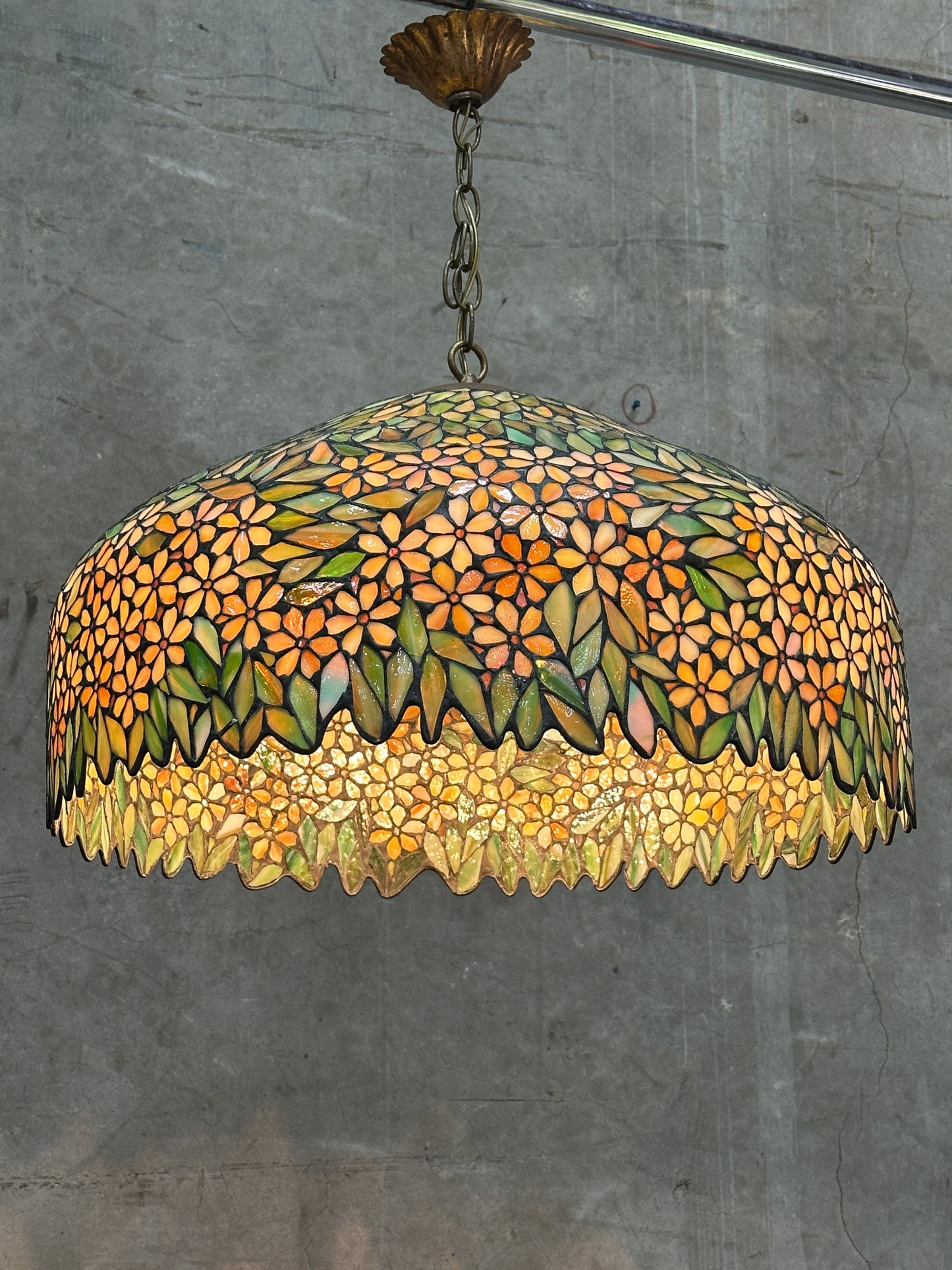 Antique Unique Art Glass & Metal Co. Leaded Glass Pendant Chandelier, Floral, 26 Inch — Doyle Attributed