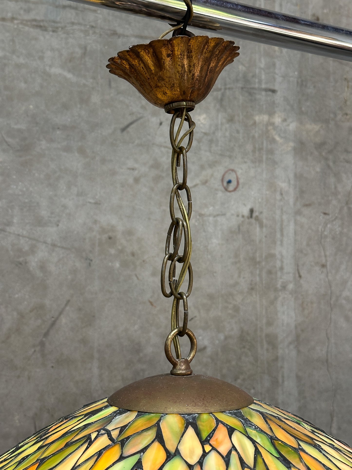 Antique Unique Art Glass & Metal Co. Leaded Glass Pendant Chandelier, Floral, 26 Inch — Doyle Attributed