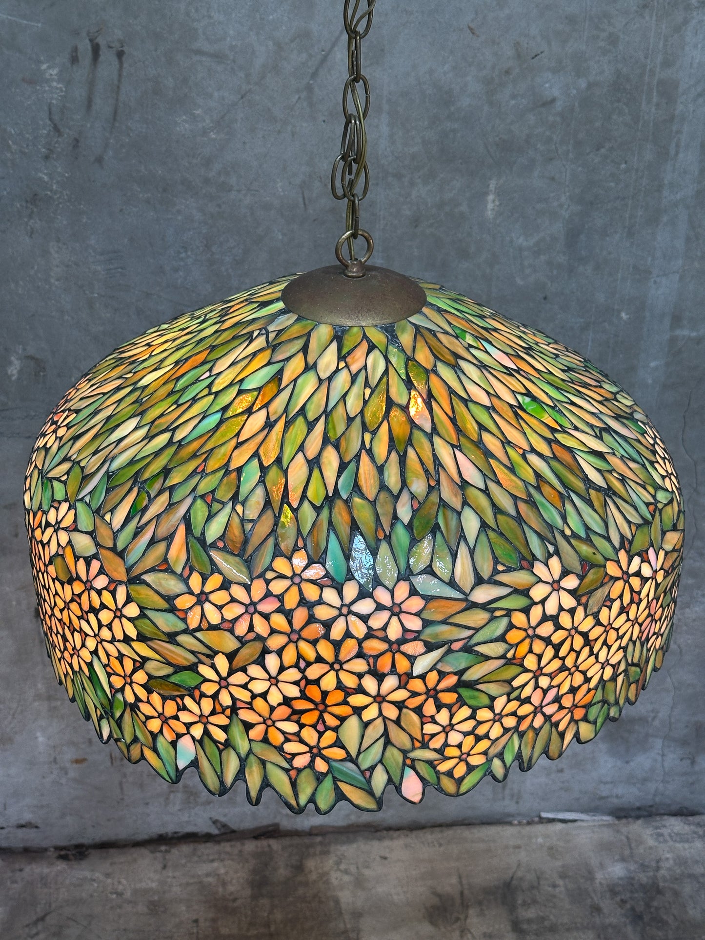 Antique Unique Art Glass & Metal Co. Leaded Glass Pendant Chandelier, Floral, 26 Inch — Doyle Attributed