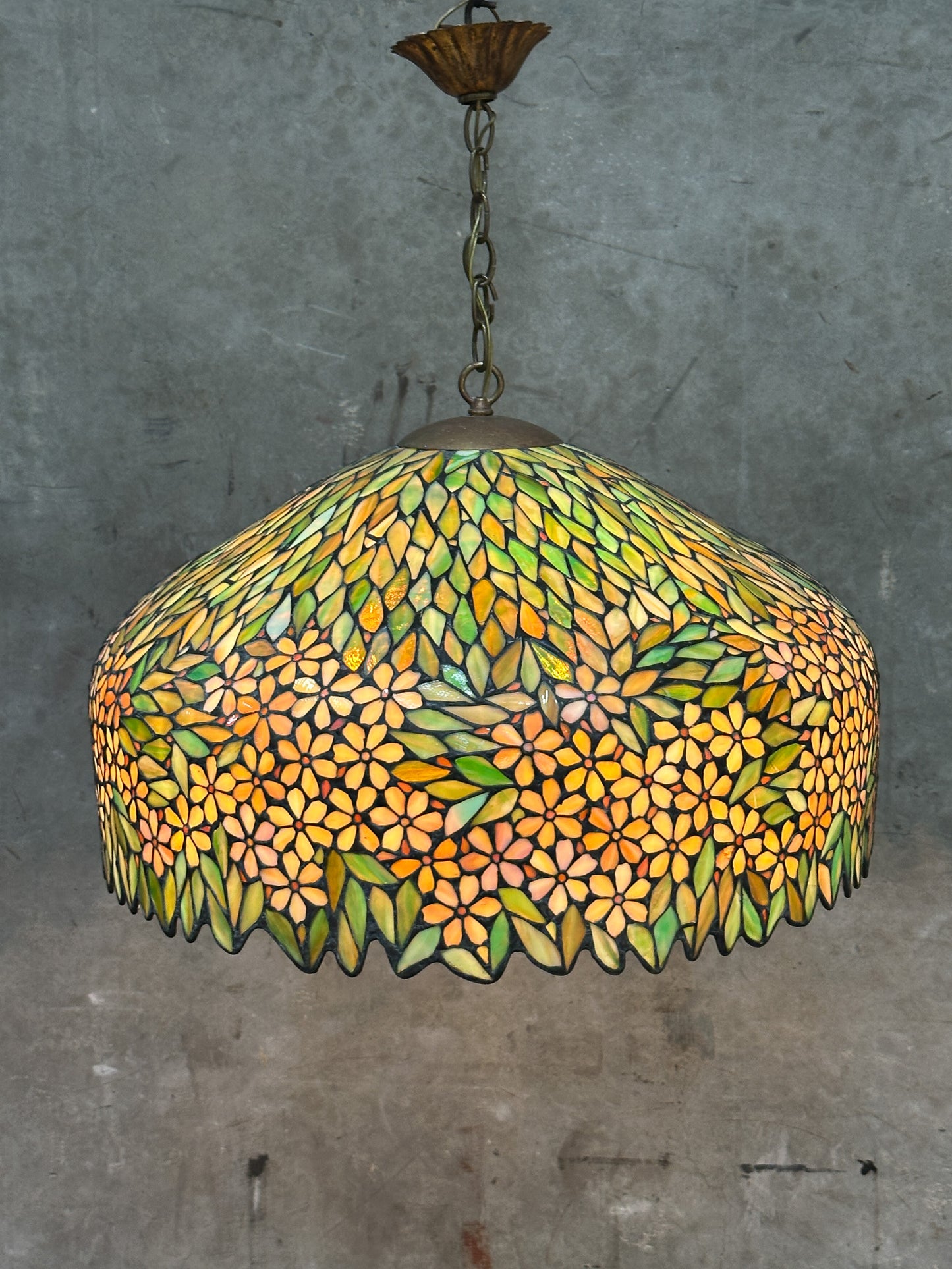 Antique Unique Art Glass & Metal Co. Leaded Glass Pendant Chandelier, Floral, 26 Inch — Doyle Attributed
