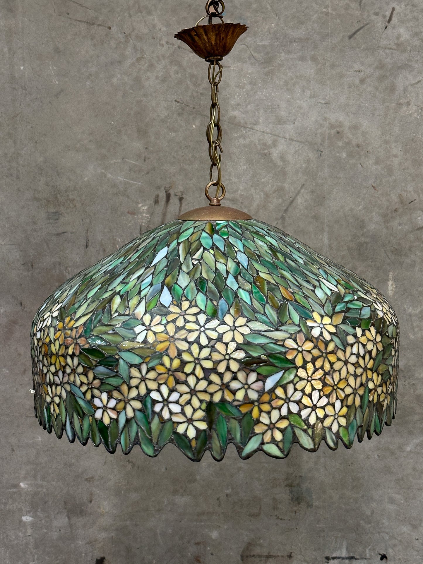 Antique Unique Art Glass & Metal Co. Leaded Glass Pendant Chandelier, Floral, 26 Inch — Doyle Attributed