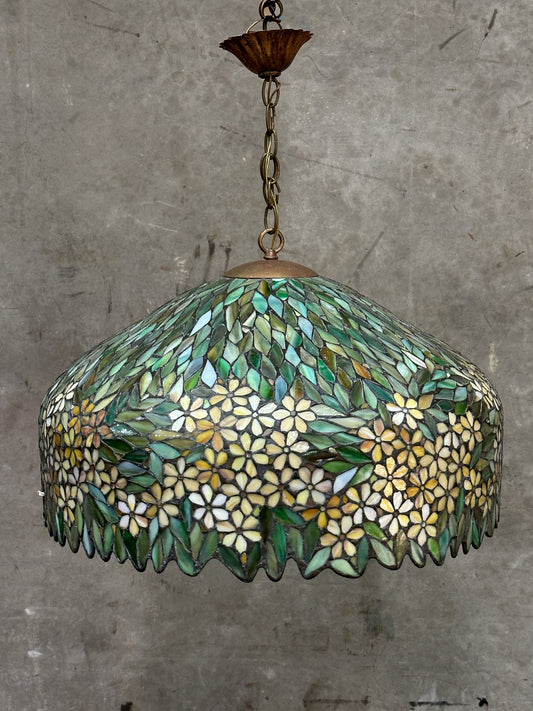 Antique Unique Art Glass & Metal Co. Leaded Glass Pendant Chandelier, Floral, 26 Inch — Doyle Attributed