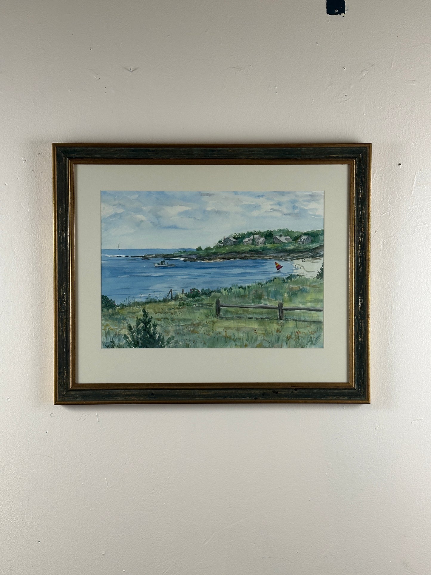 Watercolor Landscape, River & Footbridge, Mountain Scene, Framed