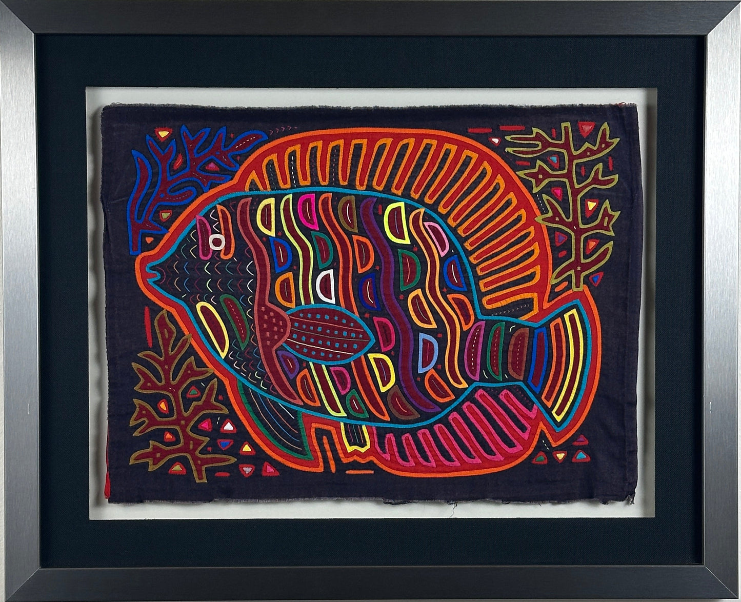 Vintage Kuna Mola Textile, Panama, Marine Figural Design, Framed Folk Art