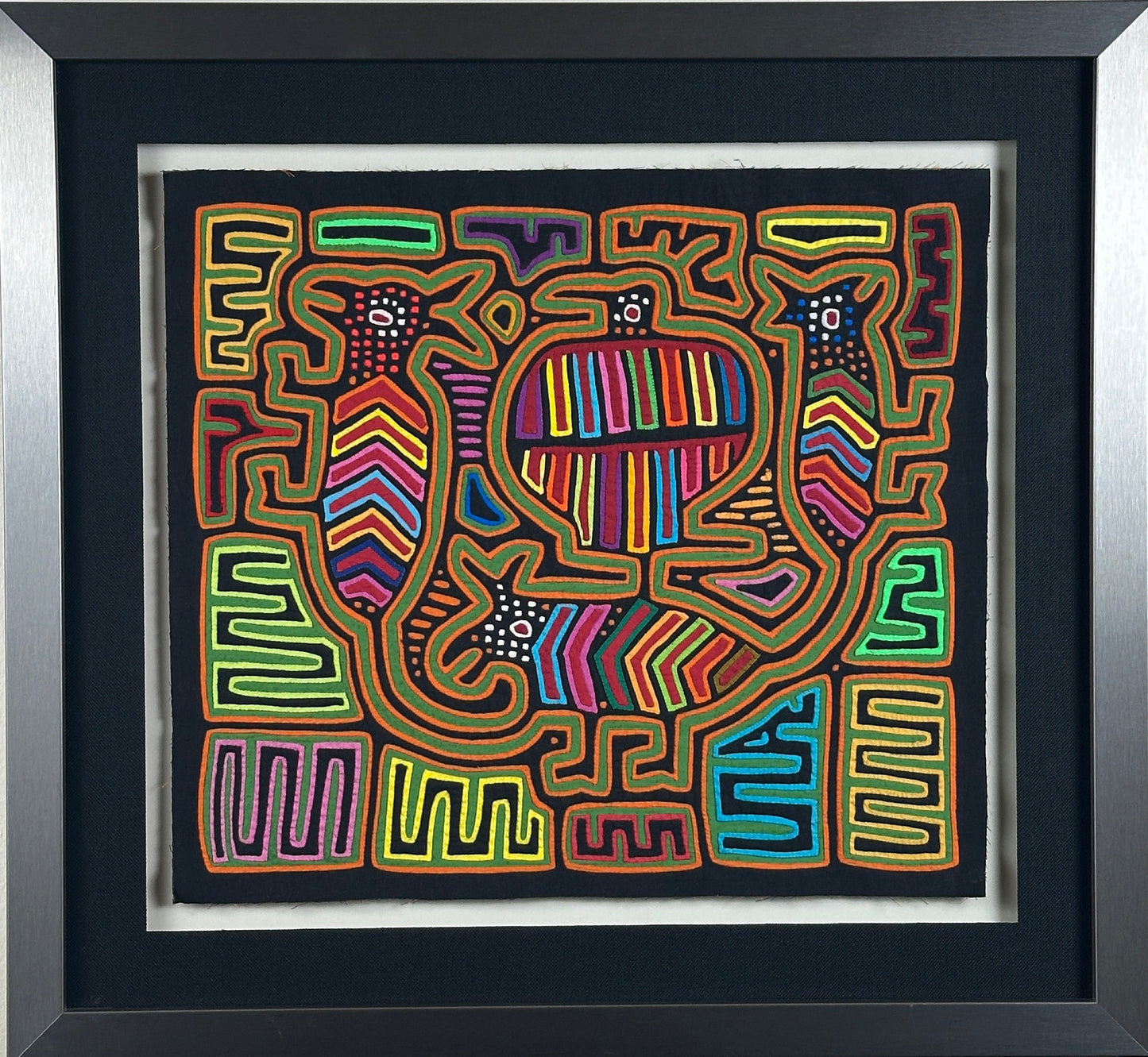 Vintage Kuna Mola Textile, Panama, Feline Figural Design, Framed Folk Art