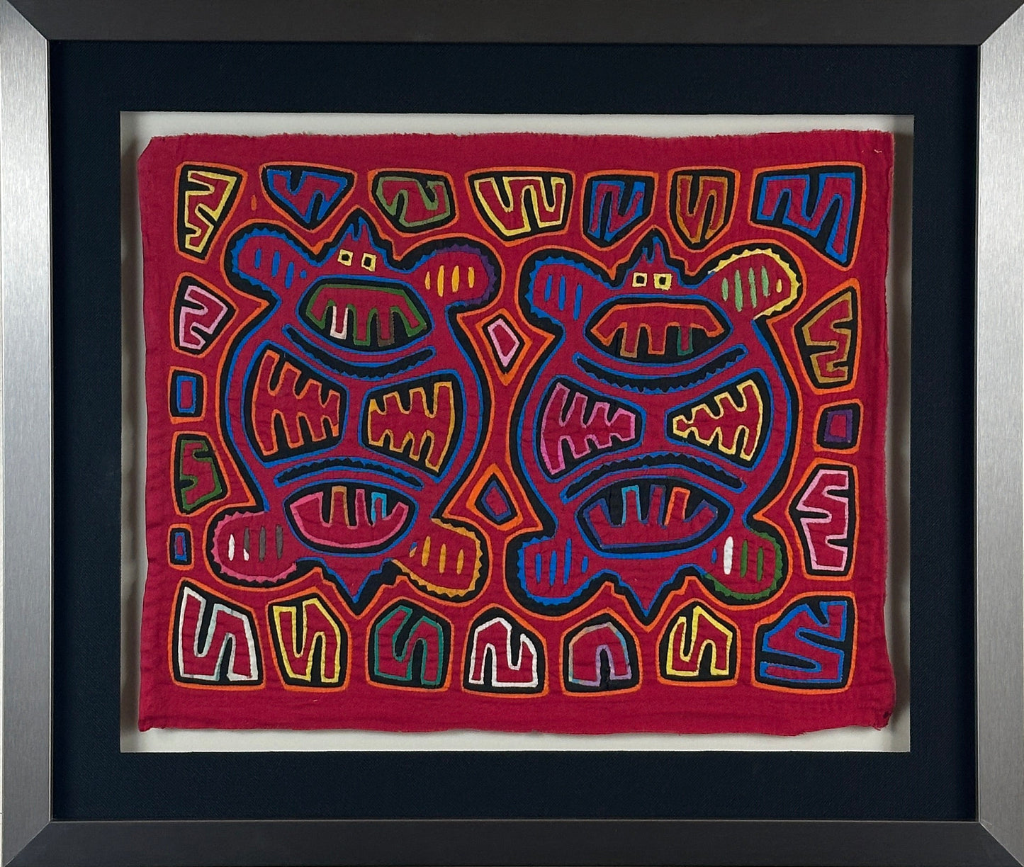 Vintage Kuna Mola Textile, Panama, Multi-Figural Design, Framed Folk Art