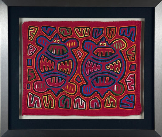 Vintage Kuna Mola Textile, Panama, Multi-Figural Design, Framed Folk Art