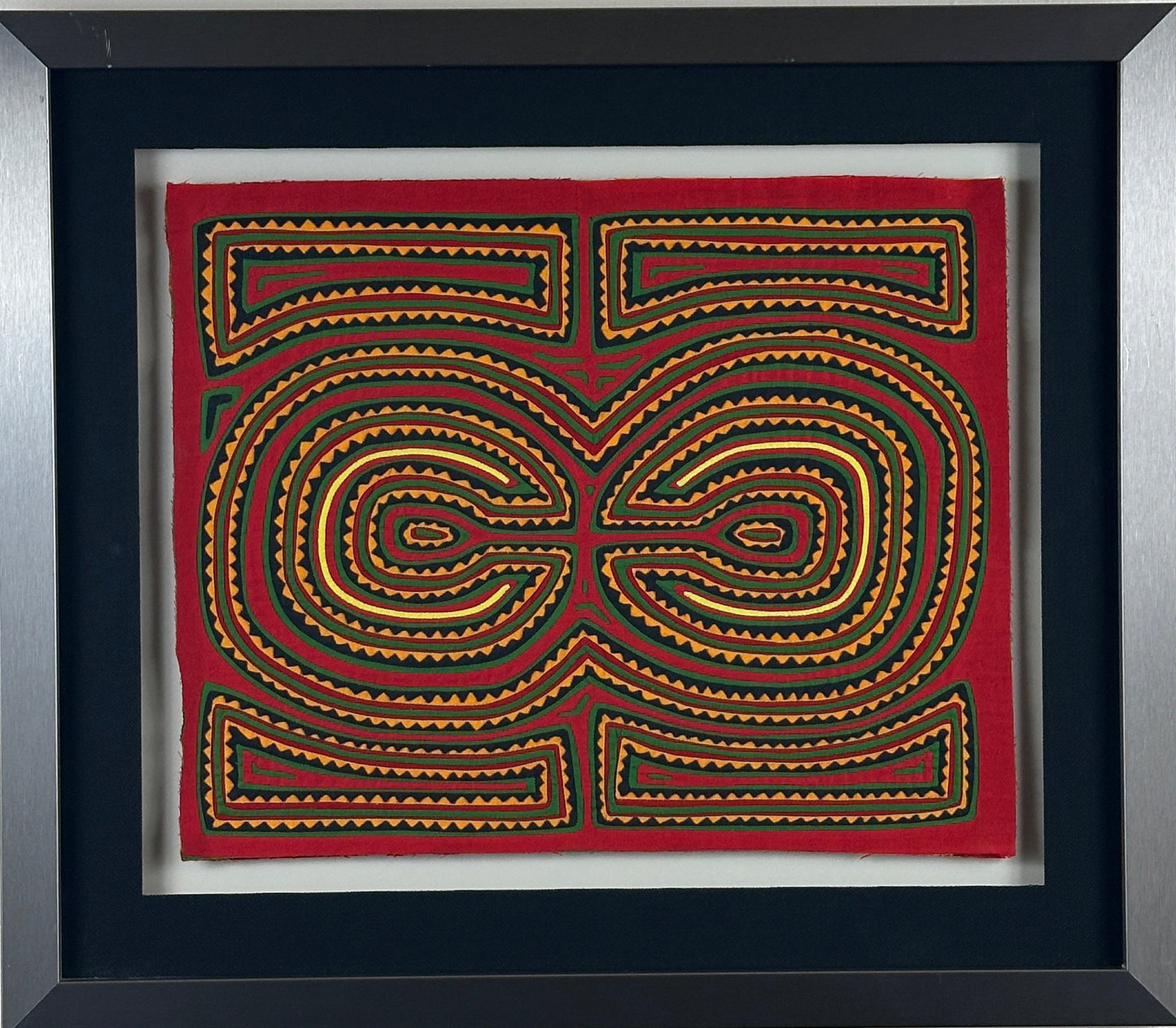Vintage Kuna Mola Textile, Panama, Geometric Spiral Design, Framed Folk Art