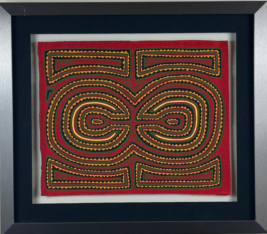 Vintage Kuna Mola Textile, Panama, Geometric Spiral Design, Framed Folk Art