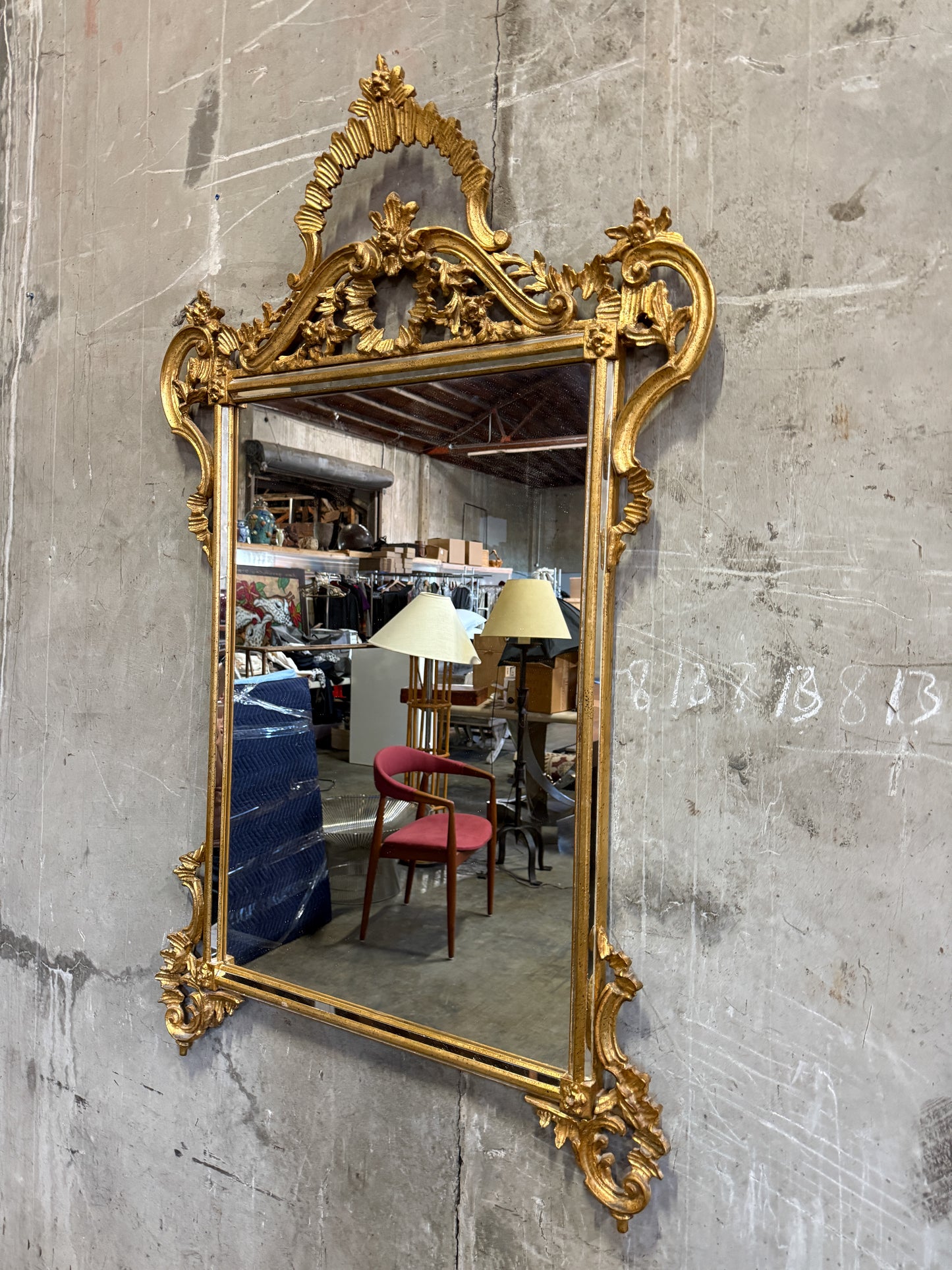 Vintage Italian Rococo Giltwood Wall Mirror, 1950s–70s – Ornate Carved Gold Leaf Frame, 35.5"W x 58"H