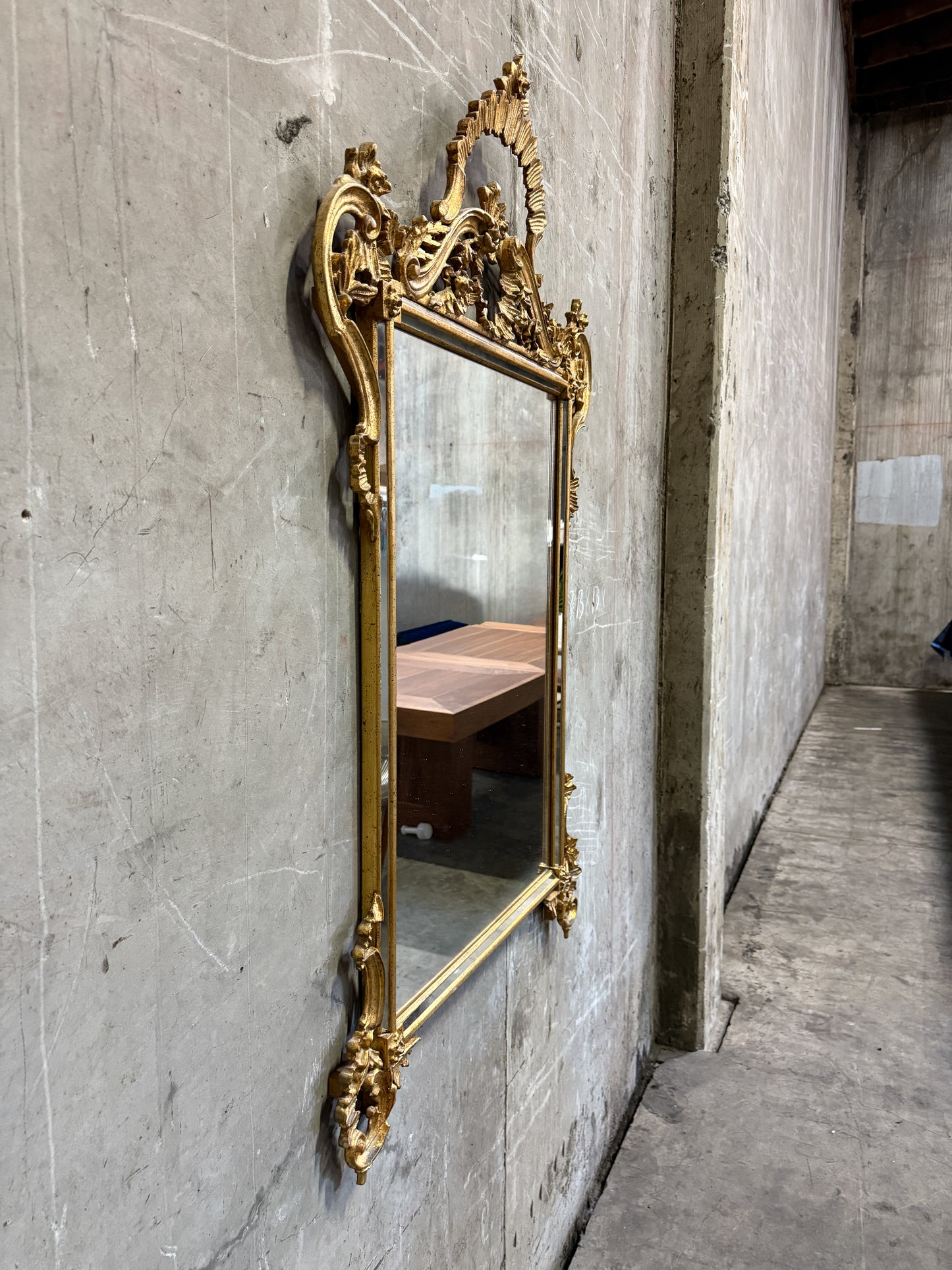 Vintage Italian Rococo Giltwood Wall Mirror, 1950s–70s – Ornate Carved Gold Leaf Frame, 35.5"W x 58"H